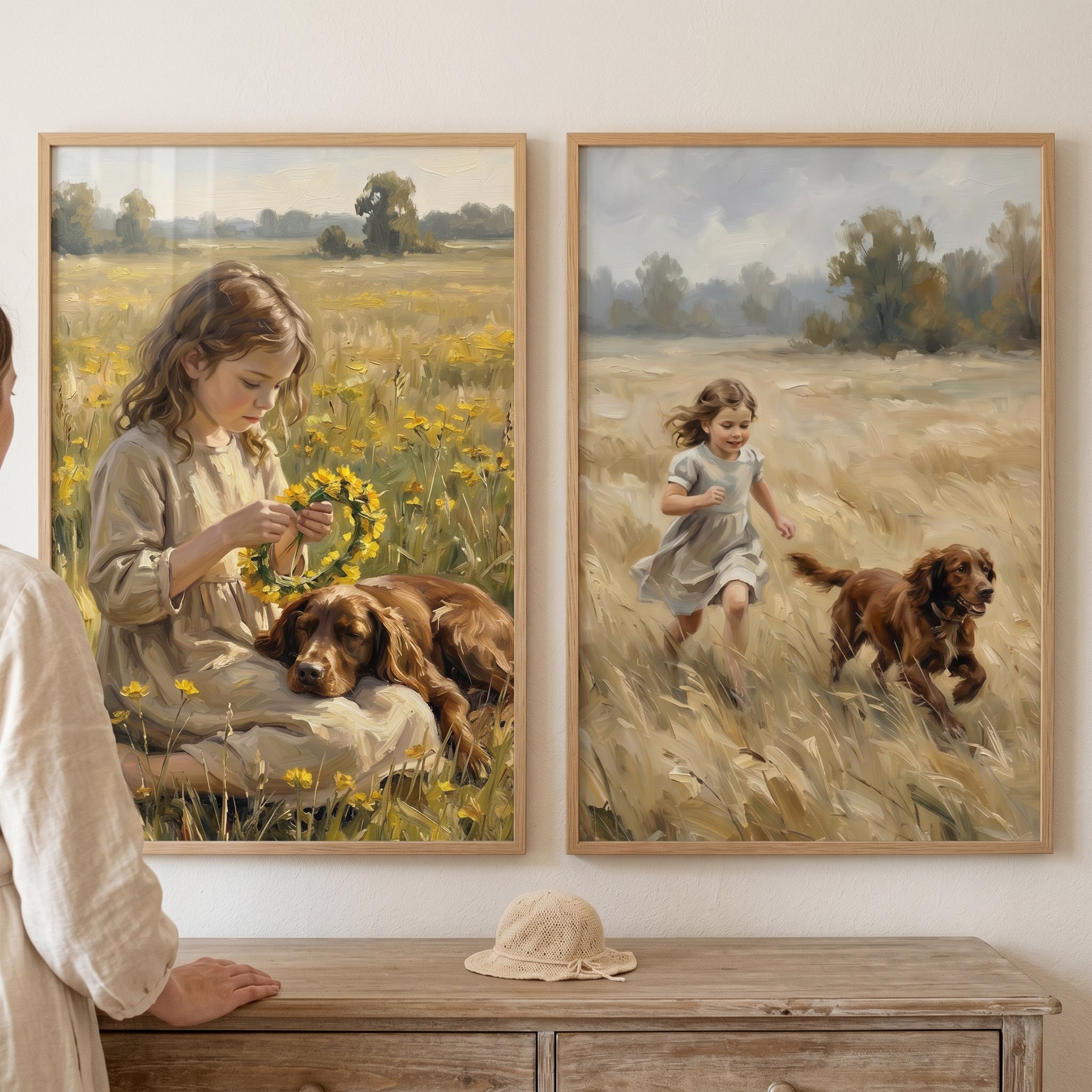 Golden Meadow Girl Dog Wall Art Set of 2 - Faithful Field Friends