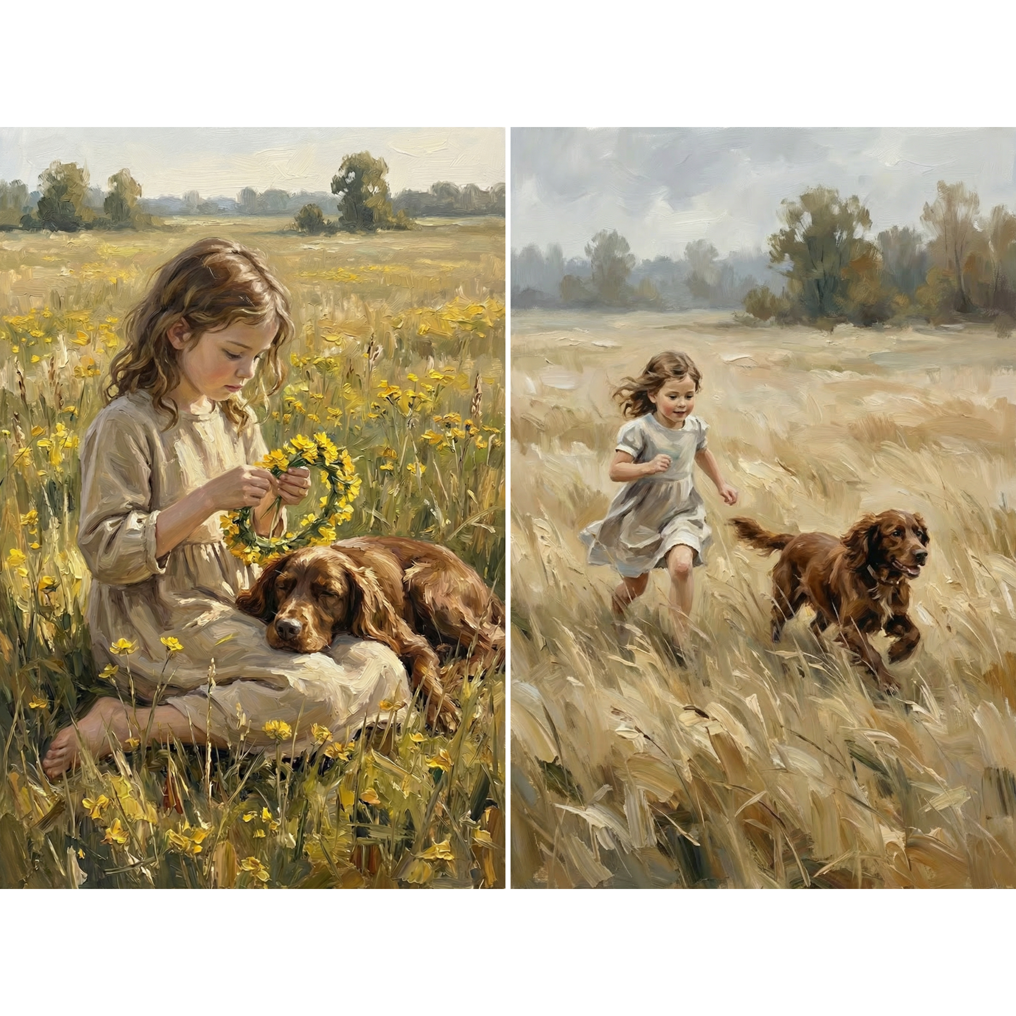Golden Meadow Girl Dog Wall Art Set of 2 - Faithful Field Friends