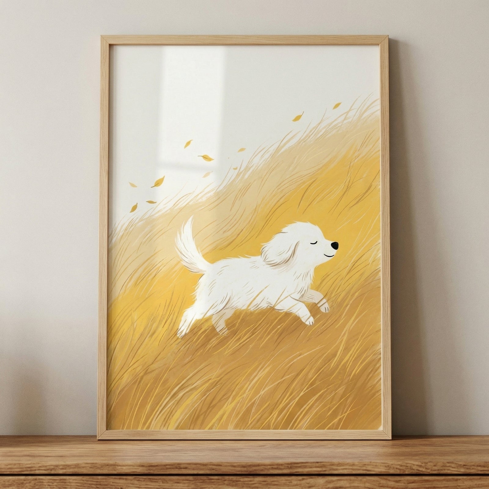 A framed illustration of a small white puppy running happily through tall golden grass with leaves drifting in the air. The warm yellow tones and soft lines create a playful and cozy feel, making it a sweet decorative piece for a nursery or child’s room.