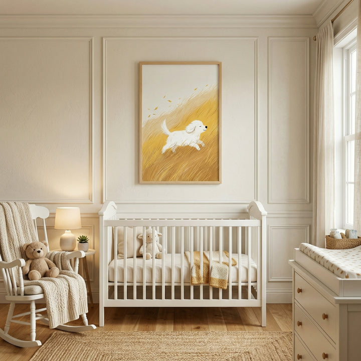 A framed illustration of a white puppy running through golden grass hangs above a white crib in a softly lit nursery. A rocking chair with a teddy bear, a bedside lamp, and neutral decor create a warm and calming space for a baby.