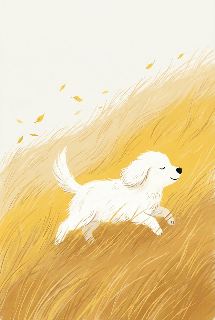 A whimsical digital illustration of a small, fluffy white dog joyfully running through a field of tall, golden-yellow grass. The dog has its eyes closed and a contented smile on its face, conveying a sense of peace and happiness. The grass is depicted with flowing, textured lines in shades of gold and ochre. In the pale background, a few small yellow leaves drift through the air, adding to the feeling of a gentle breeze. The overall mood is warm and serene.