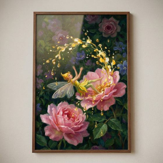 A vertical framed illustration features a small, whimsical fairy with wings and golden hair, wearing a vibrant yellow outfit. She is depicted falling backwards onto the plush petals of a large, blooming pink rose. As she lands, a splash of luminous, golden nectar arcs over her, with glowing droplets shimmering in the air. 
