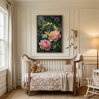 A serene nursery features an oval-shaped wooden crib with white slats, nestled against a wall with elegant cream-colored molding. Inside the crib is bedding with a pink floral pattern, a folded beige knit blanket, and two small brown teddy bears. Centered on the wall above the crib hangs a framed artwork depicting a tiny, winged figure with blonde hair and a green outfit. 