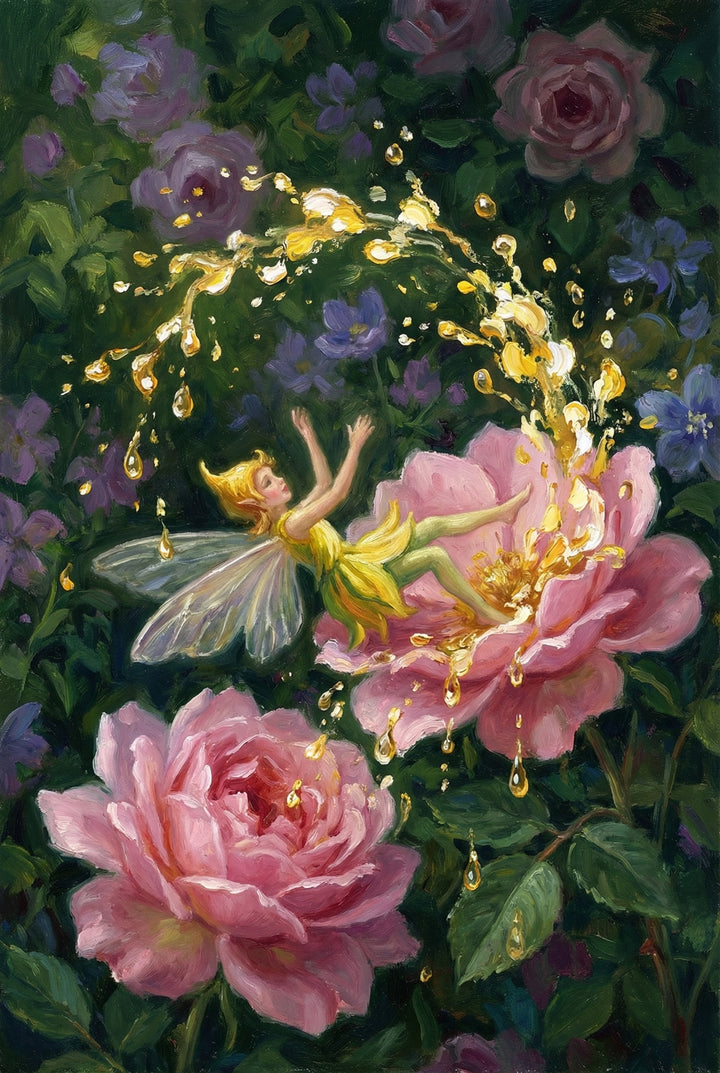 A fairy in a yellow dress falls backward into a large pink flower as golden liquid splashes upward around her. Dark green foliage and scattered blossoms surround the scene, creating contrast with the glowing droplets. The moment feels dynamic and whimsical.

