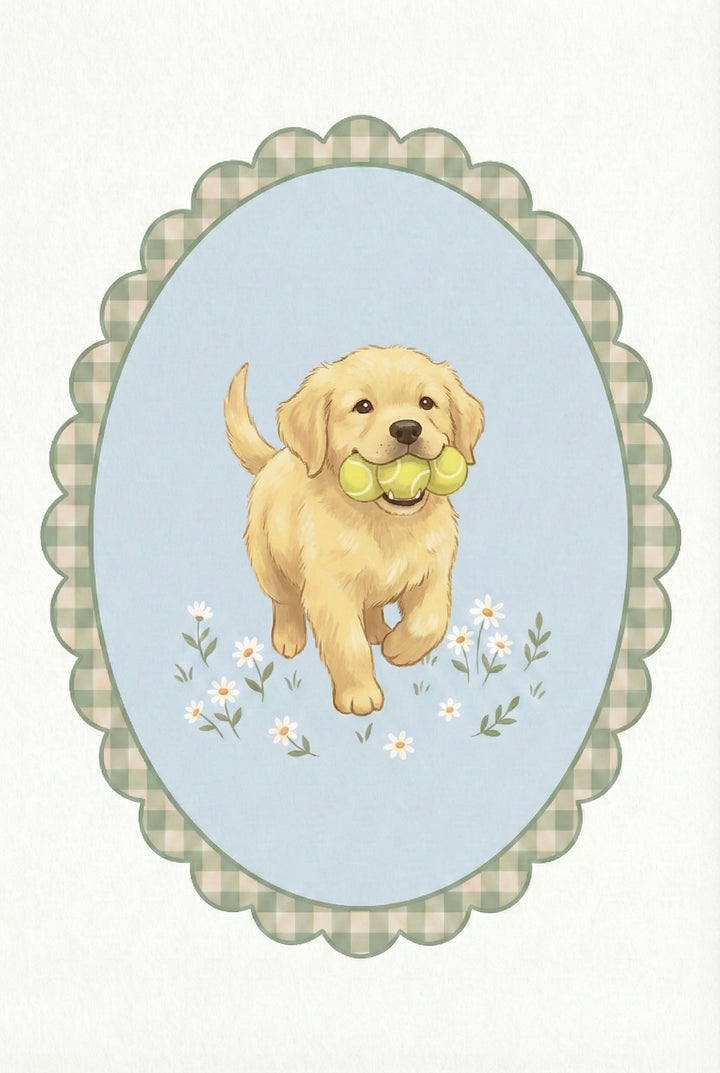 Illustration of a golden retriever puppy running forward with a green tennis ball in its mouth. Small white daisies dot the ground beneath its paws inside a scalloped oval frame with a green gingham border. The puppy looks playful and full of energy.
