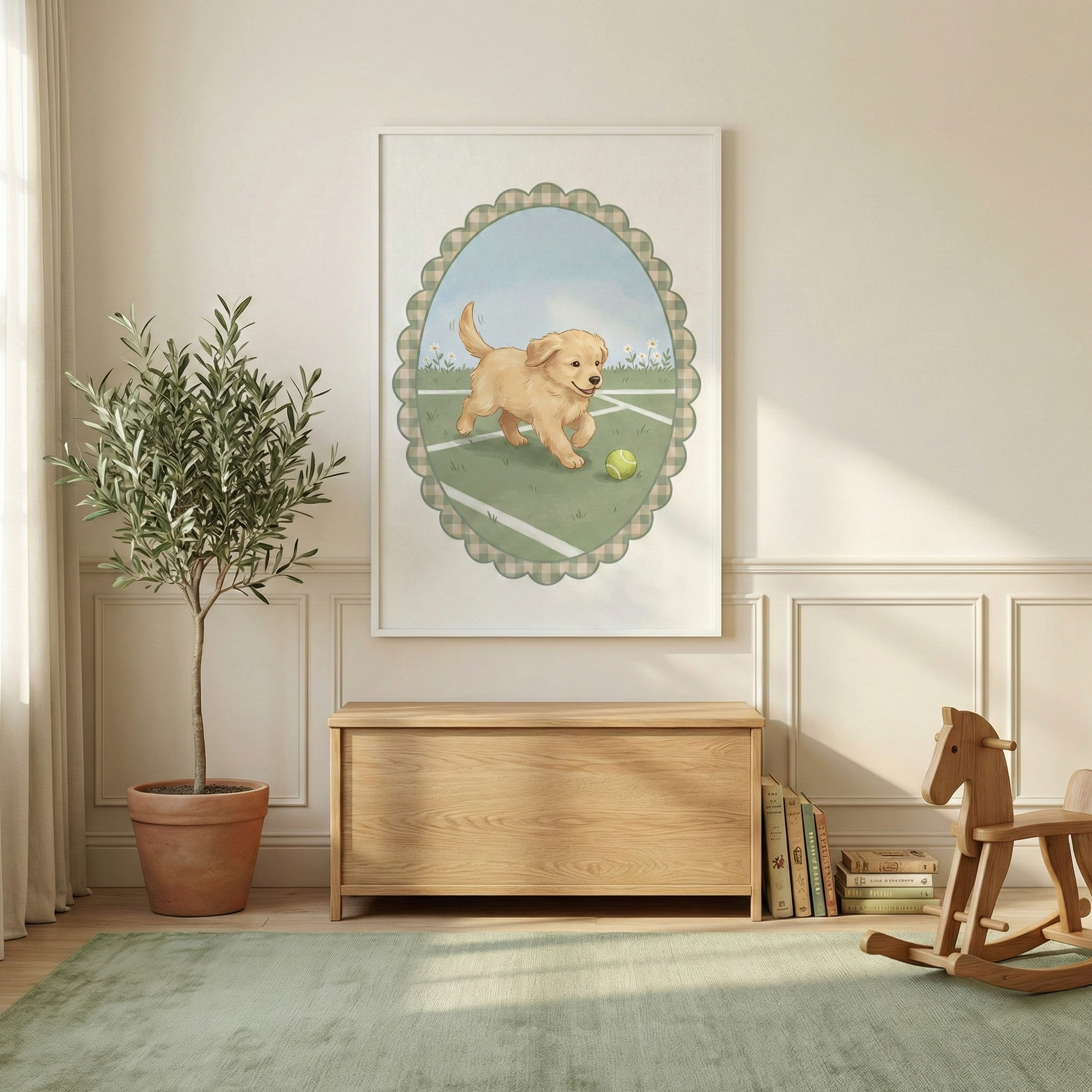 A sunlit, minimalist room features a large, white-framed illustration centered on a paneled wall. The artwork depicts a playful, fluffy golden puppy running across a green court with white markings. The puppy is chasing a bright yellow ball, set within a scalloped, checkered oval border. In the background of the image, small white flowers dot a grassy field under a pale blue sky.

