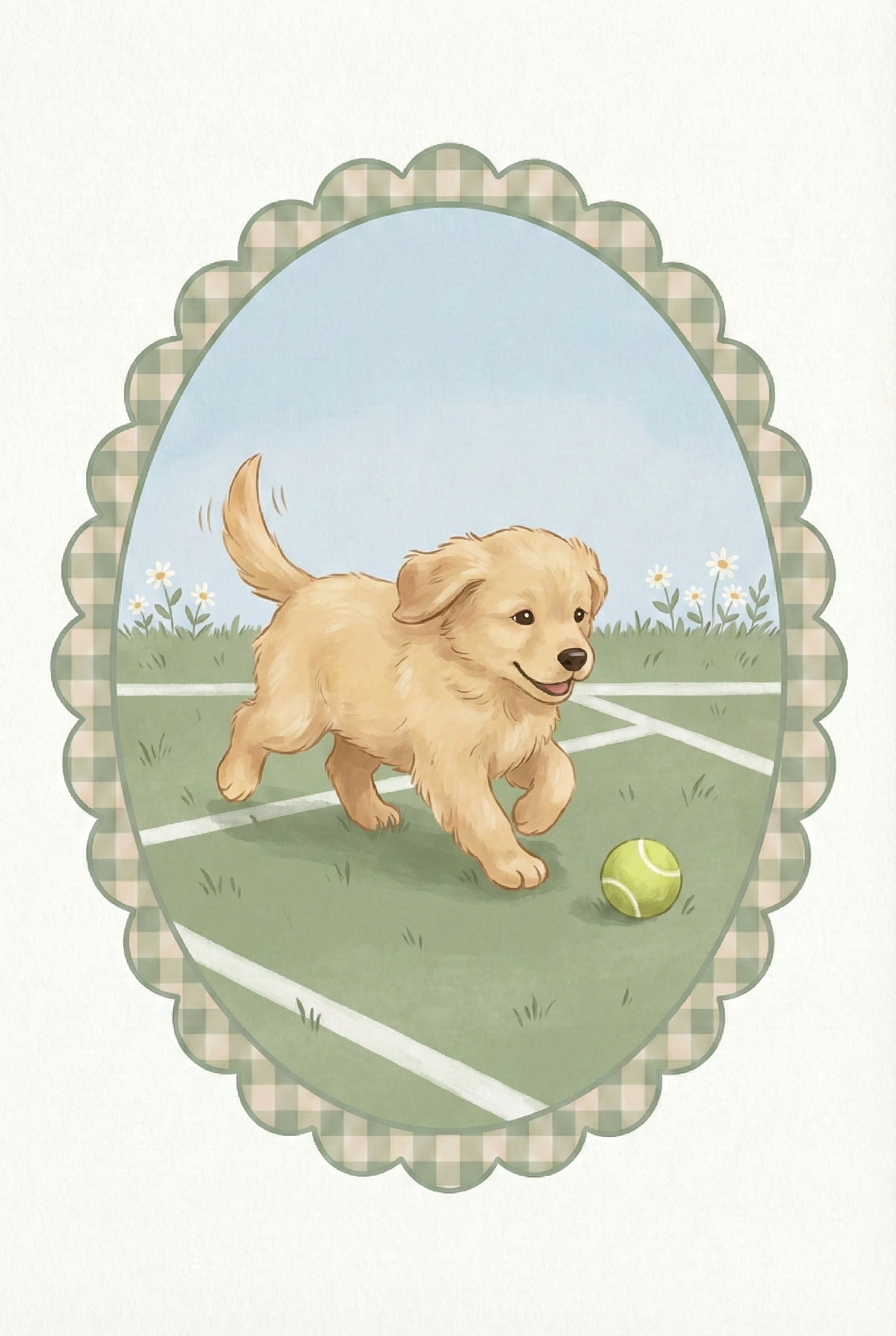 Illustration of a golden retriever puppy trotting across a grassy court toward a bright green tennis ball. White boundary lines and scattered daisies suggest an outdoor play area within a scalloped oval frame. The puppy appears focused and eager to play.

