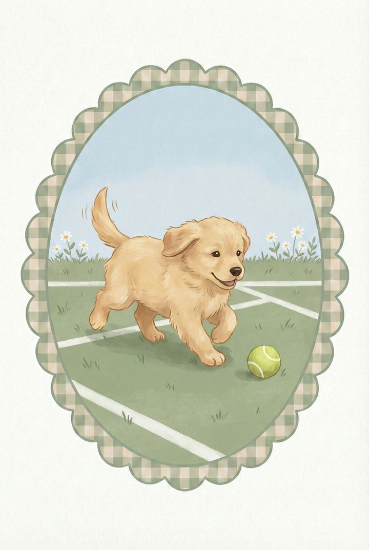 Illustration of a golden retriever puppy trotting across a grassy court toward a bright green tennis ball. White boundary lines and scattered daisies suggest an outdoor play area within a scalloped oval frame. The puppy appears focused and eager to play.

