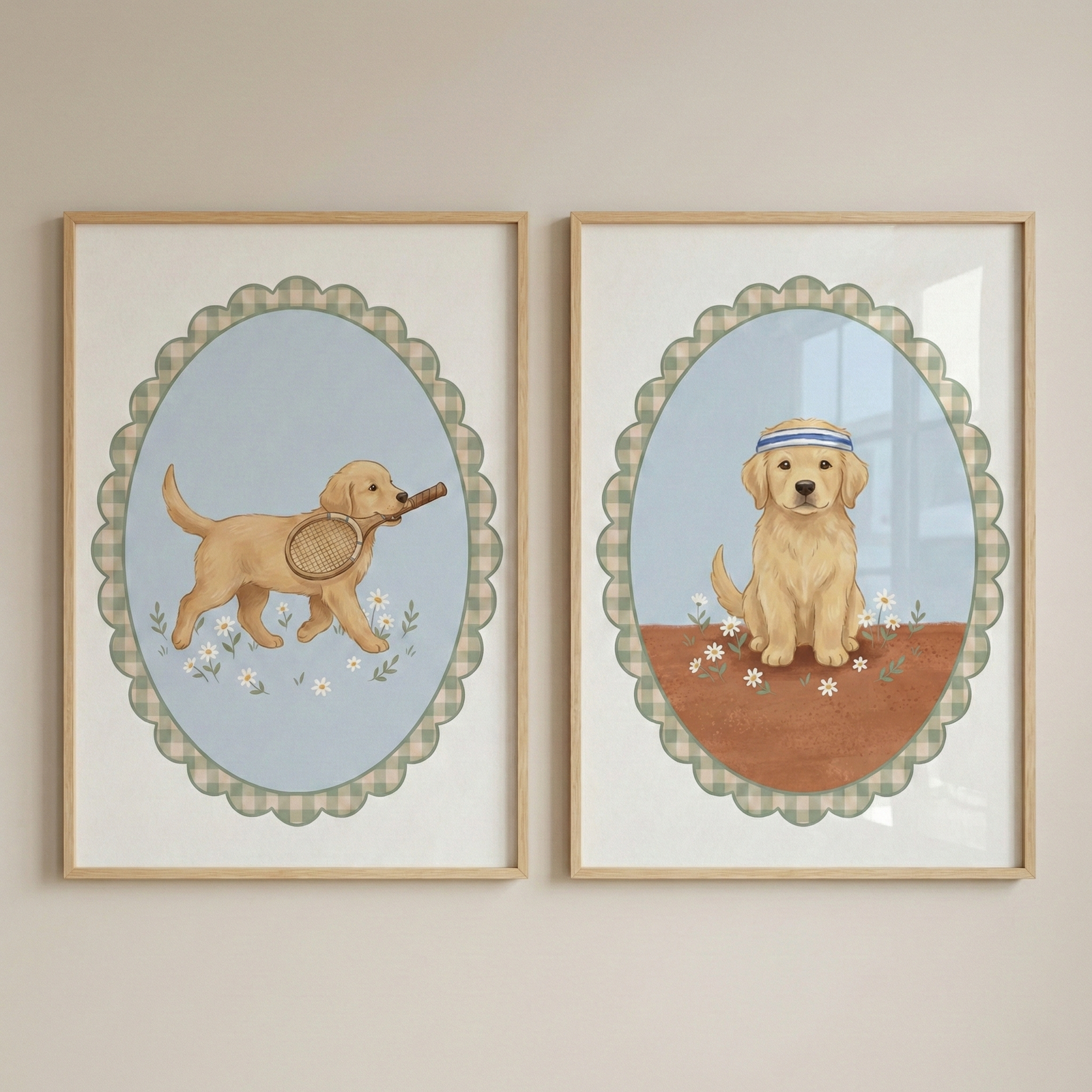 Two framed vertical artworks hang side-by-side on a neutral-colored wall. Each artwork features a golden-colored puppy within a scalloped, green-and-white checkered oval frame against a soft blue background. The left illustration shows the puppy walking to the right, carrying a vintage wooden tennis racket in its mouth, over a field of small white flowers. The right illustration depicts the puppy sitting and facing forward, wearing a blue-and-white striped headband. 