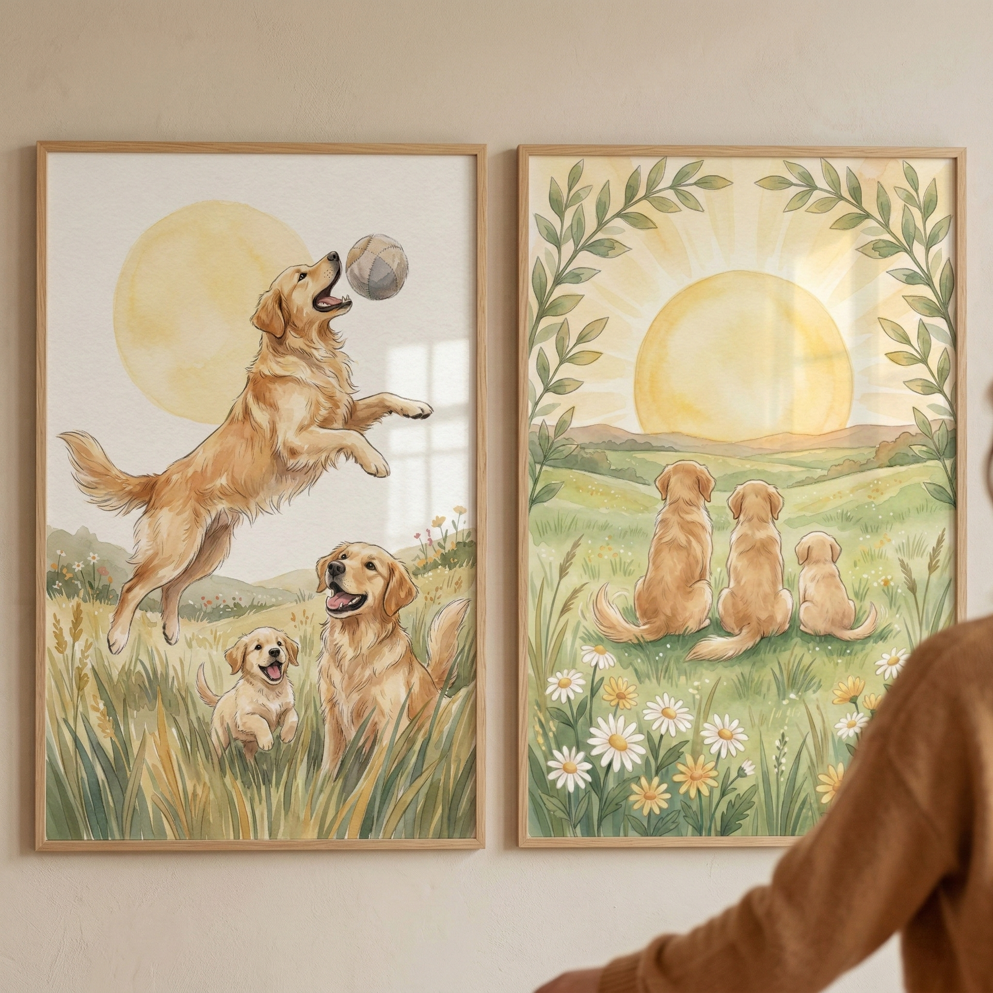 Golden Retriever Family Wall Art Set of 2 - Golden Meadow Pups