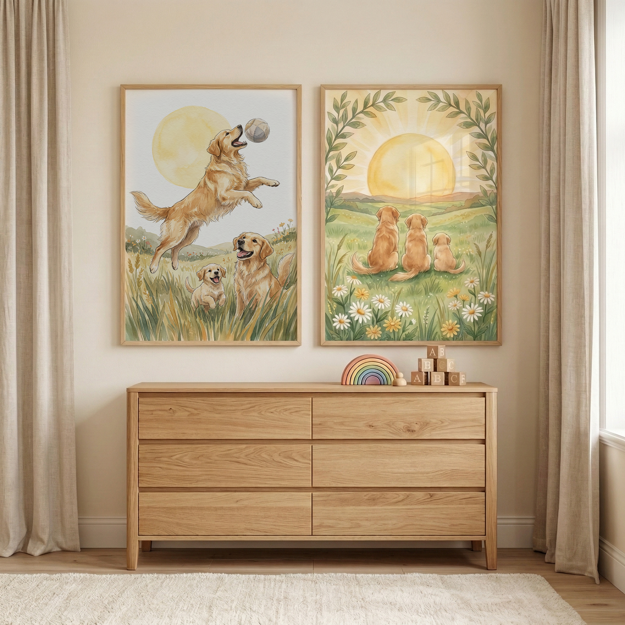 Golden Retriever Family Wall Art Set of 2 - Golden Meadow Pups