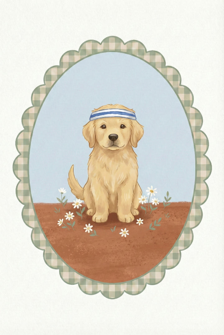 Illustration of a golden retriever puppy sitting upright on reddish ground surrounded by small white daisies. The puppy wears a blue and white striped headband and looks straight ahead inside a scalloped oval frame with a green gingham border. The mood is sweet and lightly sporty.


