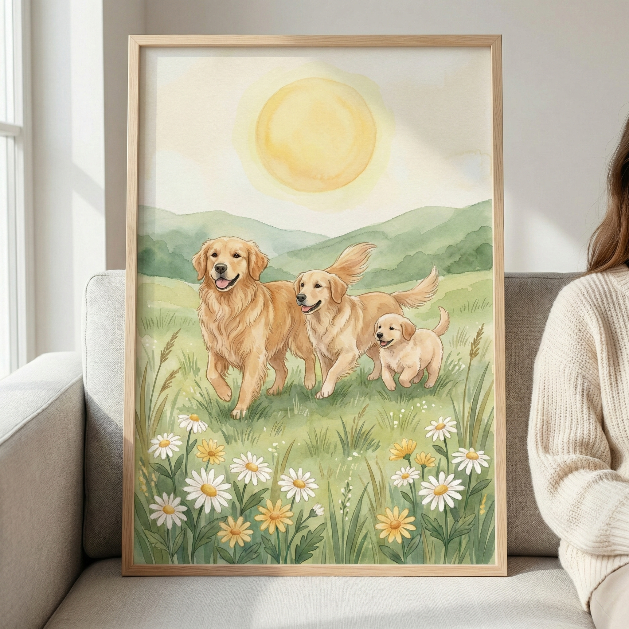A framed watercolor illustration depicts three golden retriever dogs—two adults and one puppy—playfully moving through a lush green meadow. The foreground is filled with tall grass and white and yellow daisies. Behind the dogs are soft green rolling hills beneath a large, pale yellow sun. The artwork is housed in a light-colored wooden frame and rests against the back of a neutral-toned sofa, with a portion of a person visible on the right side.