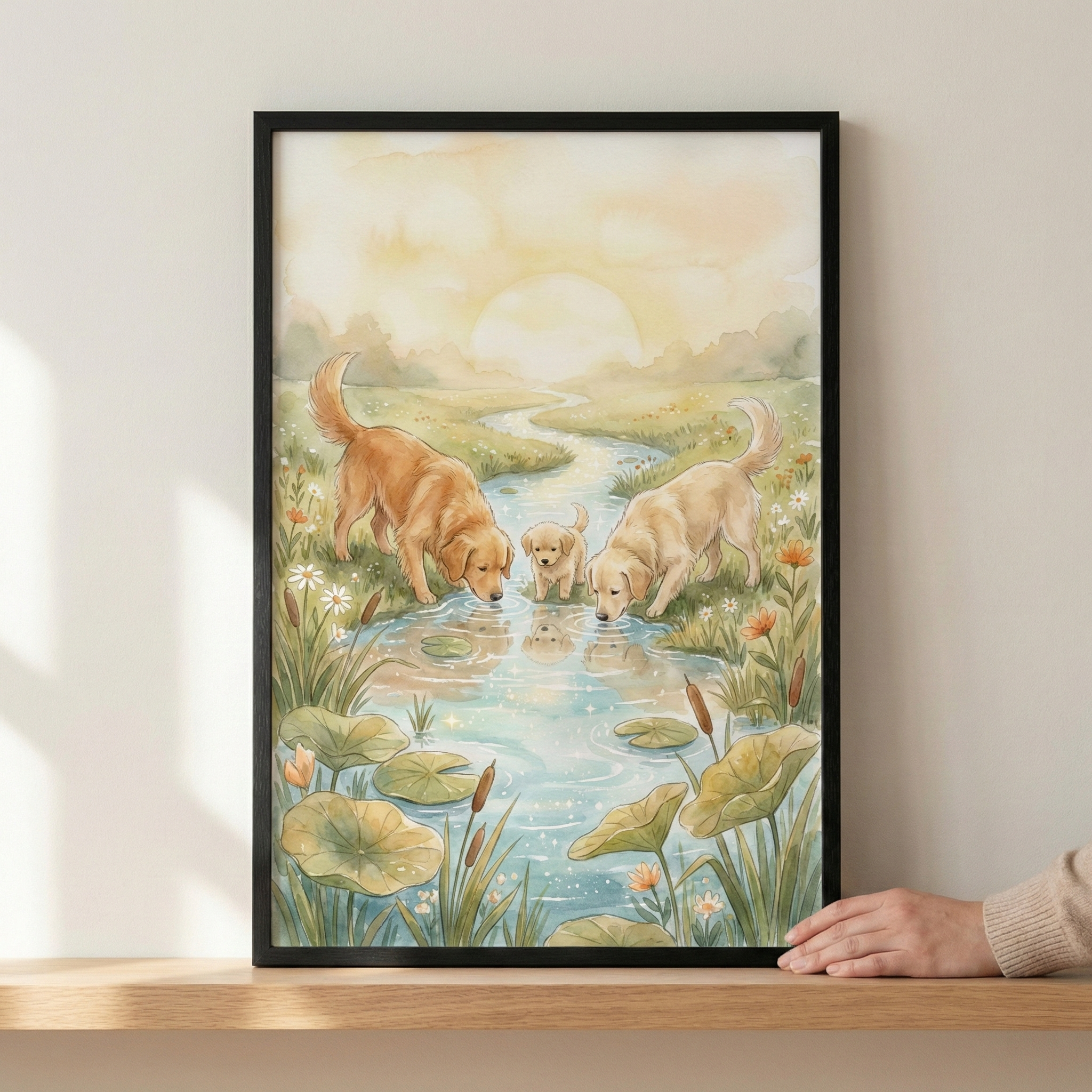A framed watercolor illustration featuring three golden-colored dogs—two adults and a small puppy—at the edge of a gentle stream. The dogs are captured in a peaceful moment, looking down at the water's surface. The surrounding landscape is filled with soft green grass, delicate white and orange wildflowers, and tall cattails. Round green lily pads float on the surface of the blue water, which reflects the warm, hazy light of a sun hanging low behind distant hills.