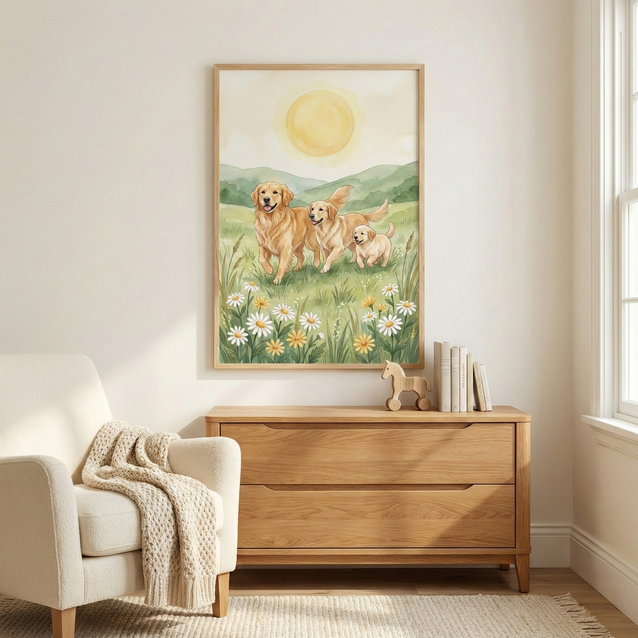 A framed watercolor-style illustration hangs on a neutral wall above a light wood dresser. The artwork depicts three golden-furred dogs of varying sizes running through a vibrant green meadow filled with white and yellow wildflowers. In the background of the image, soft green hills sit beneath a large, pale yellow sun.

