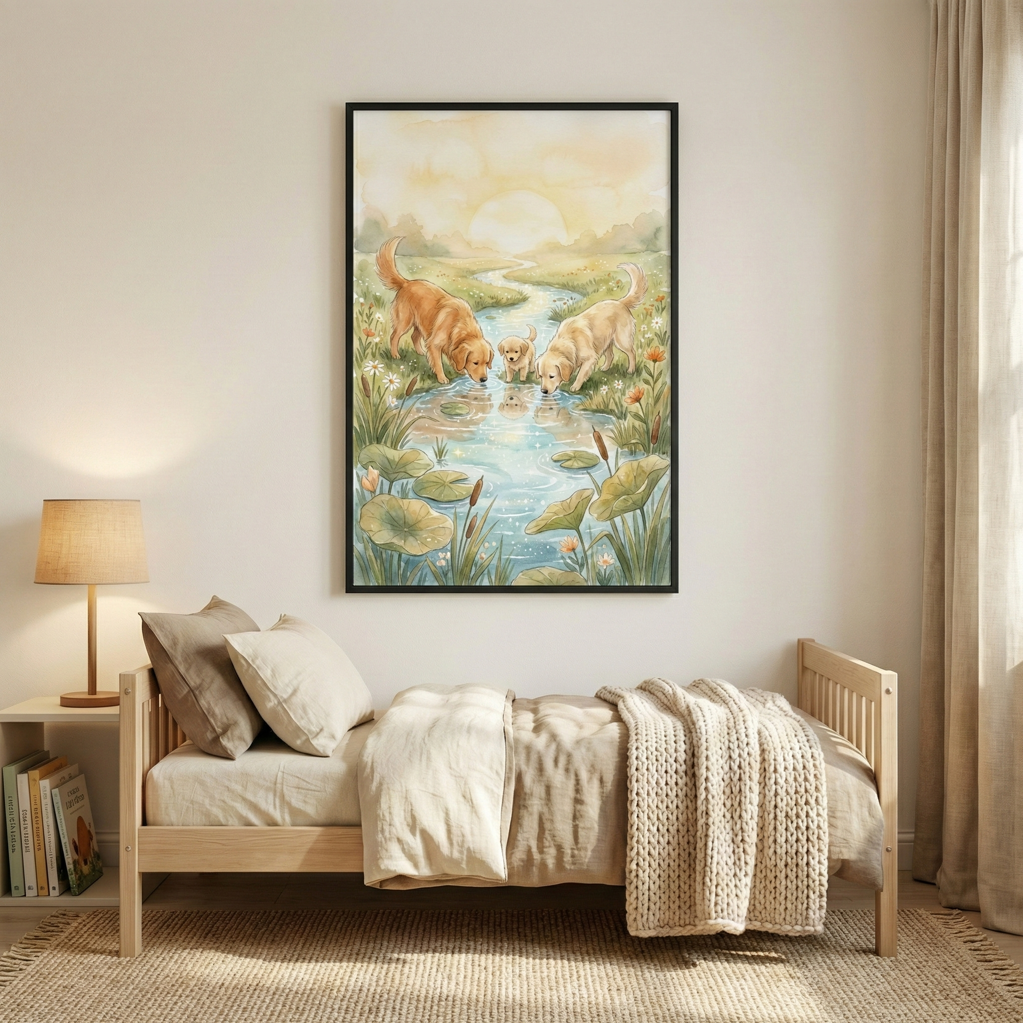 A serene bedroom scene features a large framed artwork hanging on a light-colored wall above a wooden bed. The artwork, created in a soft watercolor style, depicts three golden-colored dogs—two adults and a small puppy—at the edge of a gentle stream. They are looking down at their reflections in the water, which is surrounded by green lily pads, tall grasses, and reeds. In the background of the illustration, a soft yellow sun sets over a rolling landscape. 