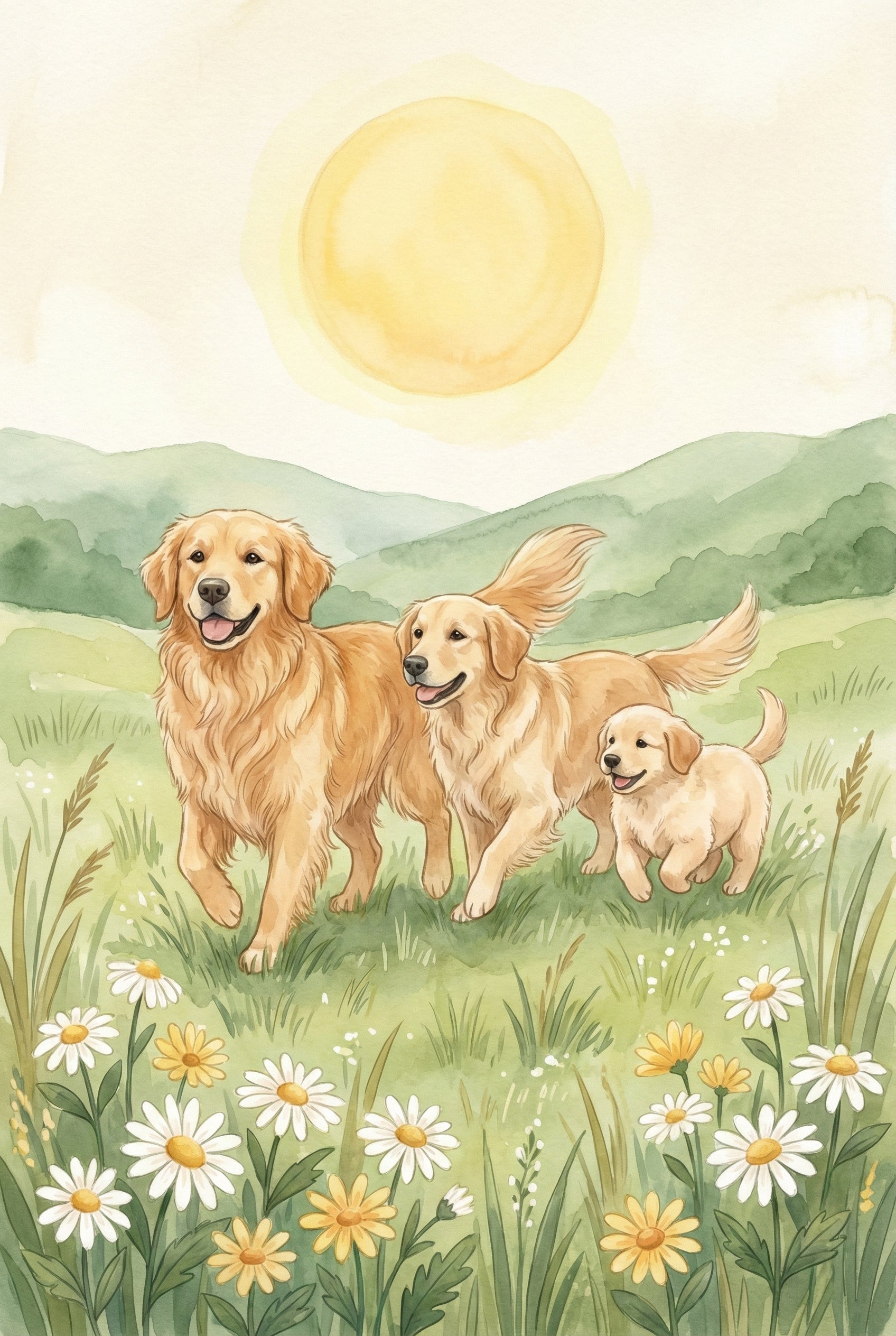 Two adult golden retrievers and a playful puppy run together through a flower-filled meadow under a bright yellow sun. Rolling green hills and daisies complete the joyful landscape.
