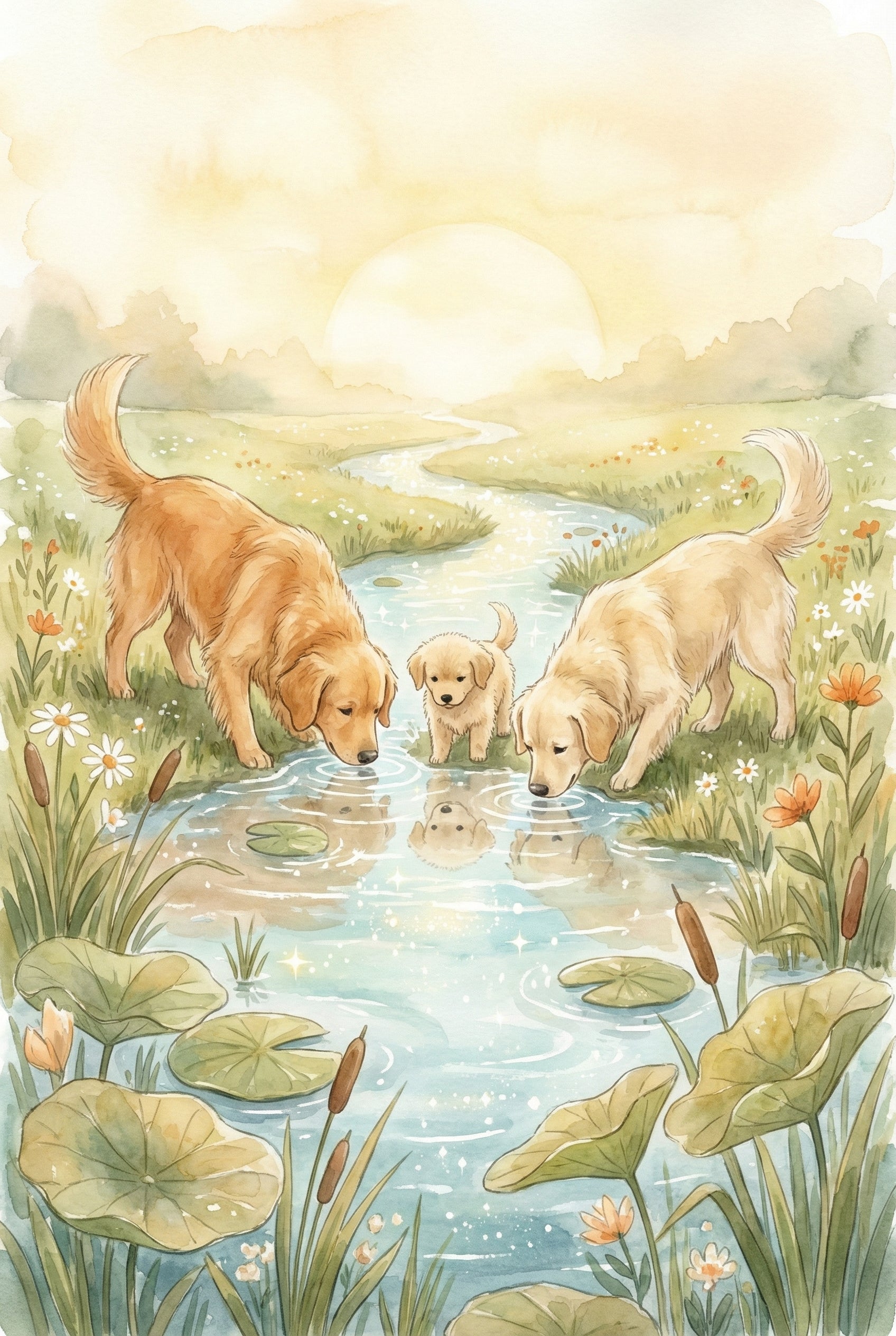 Watercolor painting of two adult golden retrievers and a puppy curiously looking into a sparkling stream at sunset. Surrounded by wildflowers, cattails, and lily pads, the peaceful scene glows with warm golden light.
