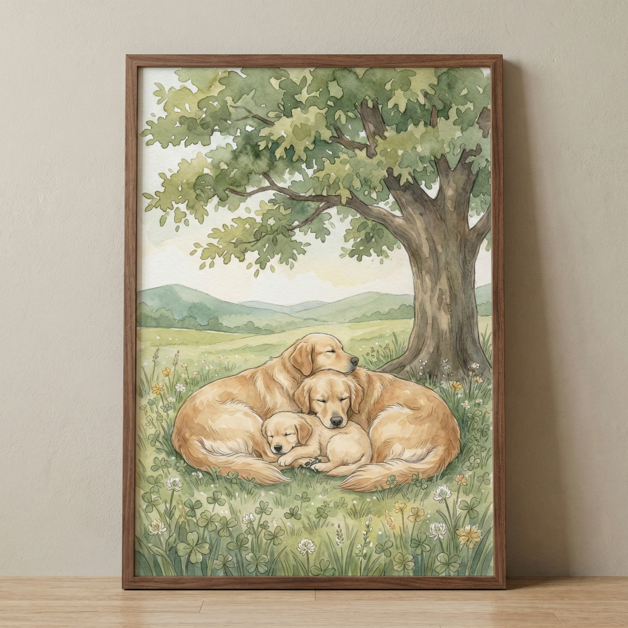 A vertical framed watercolor-style illustration of a family of three golden-colored dogs sleeping peacefully. Two larger dogs and a tiny puppy are nestled together in a grassy field dotted with small white and yellow wildflowers. They rest under the shade of a large, leafy tree. Soft, rolling green hills are visible in the background under a pale, gentle sky. The artwork is held in a simple wooden frame and leans against a neutral wall.