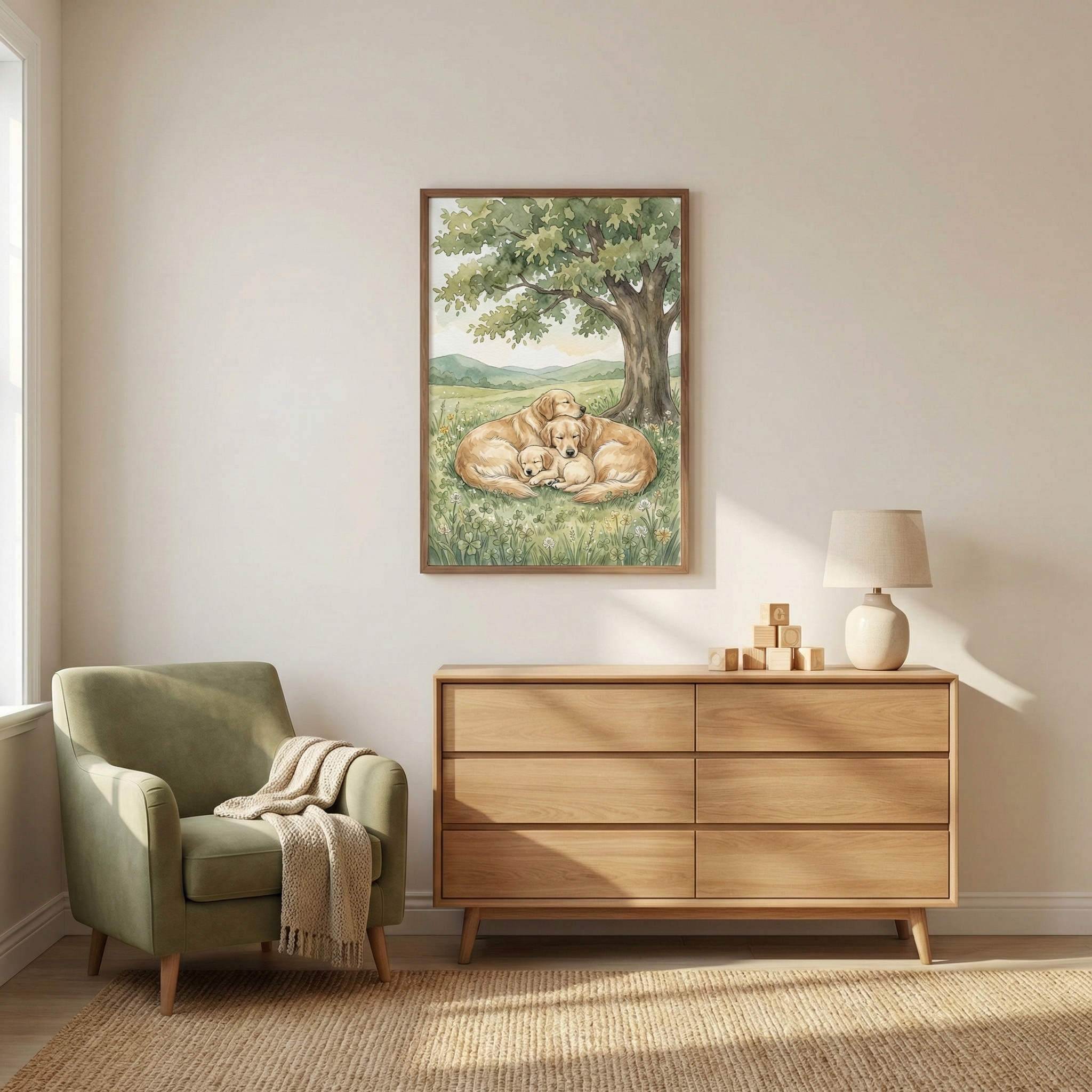 A cozy, minimalist room features a framed watercolor illustration of three golden retriever dogs—two adults and a small puppy—cuddling together under a leafy tree in a peaceful meadow. The artwork is centered on a neutral, cream-colored wall above a light-toned wooden dresser with six drawers. On the dresser, a few wooden play blocks and a small, cream-colored table lamp are neatly arranged. 