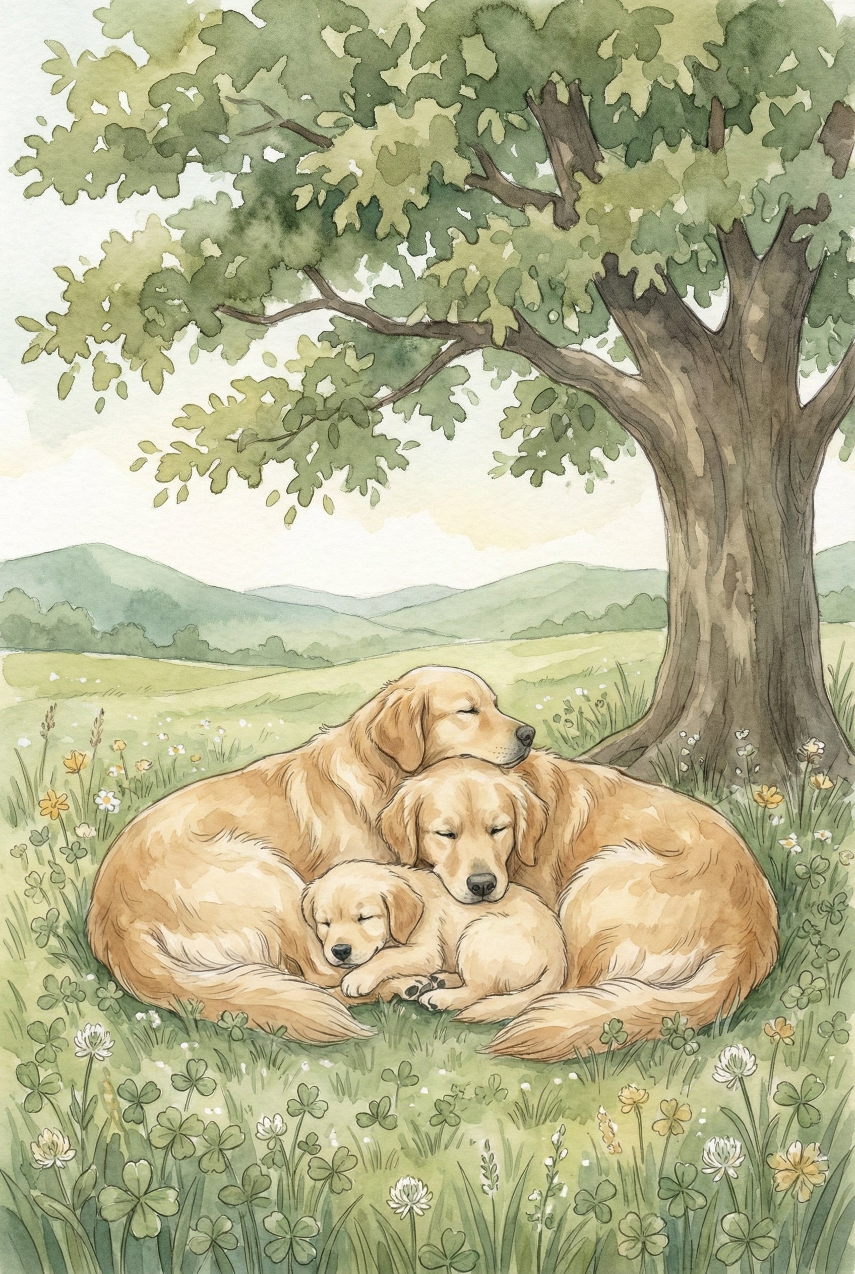Illustration of a golden retriever family cuddled together in a field of clover under a large shady tree. The two adults and a puppy sleep peacefully with rolling hills in the background.

