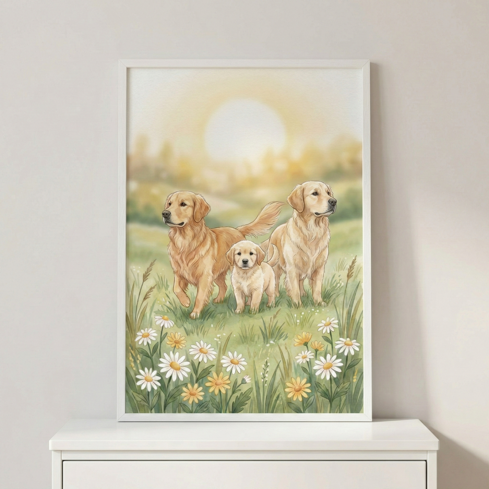 A vertical framed watercolor-style illustration depicts a family of three golden-furred dogs in a grassy meadow. Two adult dogs stand beside a smaller puppy, surrounded by blooming white and yellow daisies. In the background, soft rolling hills sit beneath a large, glowing sun in a hazy yellow sky. The artwork, held in a thin white frame, is displayed on a white dresser against a light gray wall, creating a warm and peaceful atmosphere.