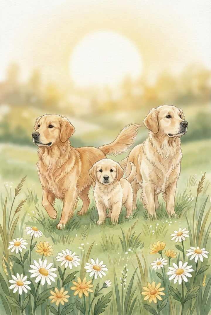 Three golden retrievers—two adults and a puppy—stand in a grassy field filled with daisies, gazing ahead under a glowing sun. The soft golden light and wildflowers create a warm, serene mood.
