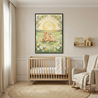 A serene nursery features a light-toned wooden crib centered beneath a large, framed illustration on a beige wall. The artwork shows three golden-colored dogs sitting in a meadow of daisies, looking toward a large, yellow sun. To the right, a small wooden shelf holds books and a plush toy dog. A cream-colored upholstered rocking chair with a knit throw sits atop a circular woven rug. The room is finished with light wood floors and soft, floor-to-ceiling off-white curtains.