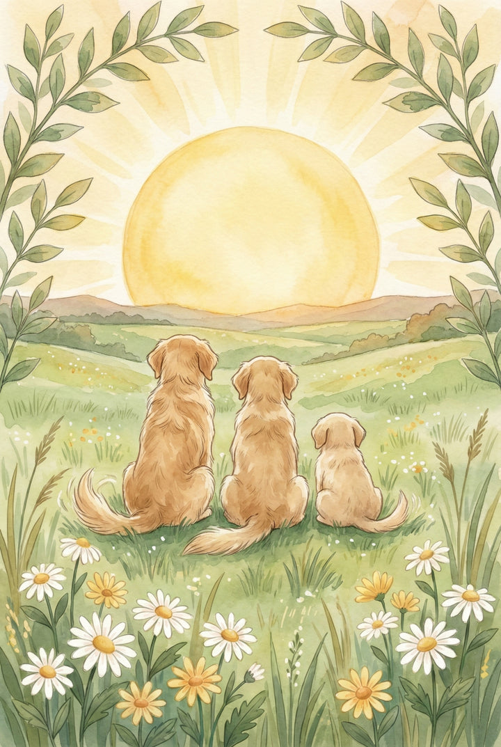 Golden retriever family of three sits side by side, backs turned, watching the sun set over green rolling hills. Surrounded by blooming daisies and framed with leafy branches, the scene feels calm and reflective.
