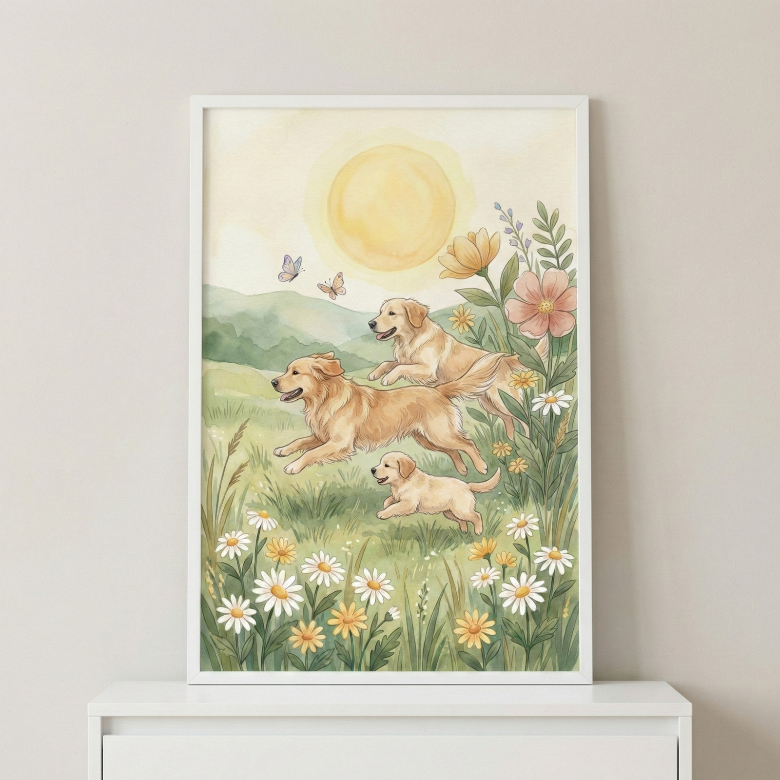 A framed watercolor illustration depicts three golden-colored dogs—two adults and a puppy—joyfully running through a lush meadow. The field is filled with white and yellow daisies and large pink blossoms. In the background, soft green hills roll under a hazy, warm yellow sun. Two delicate butterflies flutter in the air above the dogs. The artwork features a soft, whimsical style with gentle brushstrokes and a warm, inviting color palette.