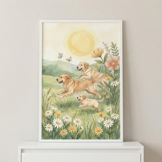 A framed watercolor illustration depicts three golden-colored dogs—two adults and a puppy—joyfully running through a lush meadow. The field is filled with white and yellow daisies and large pink blossoms. In the background, soft green hills roll under a hazy, warm yellow sun. Two delicate butterflies flutter in the air above the dogs. The artwork features a soft, whimsical style with gentle brushstrokes and a warm, inviting color palette.