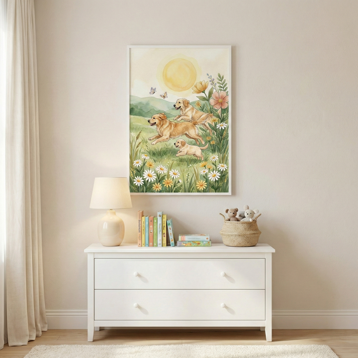 "A bright and cozy nursery scene features a large, vertical piece of framed art as its centerpiece. The artwork is a soft watercolor-style illustration depicting three golden-colored dogs—two adults and one puppy—running through a meadow of green grass and white and yellow daisies. A large, warm yellow sun shines in the sky above rolling green hills, while a couple of small butterflies flutter near the top. The style of the illustration is whimsical and gentle.

