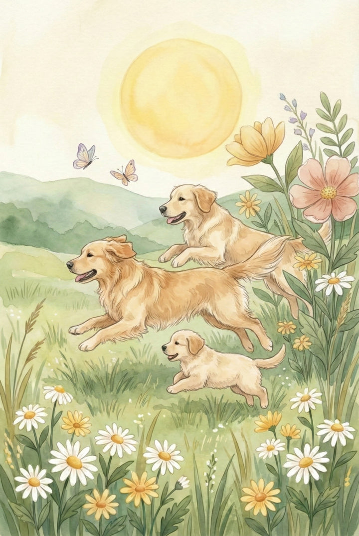 Playful watercolor of three golden retrievers running through a flower-filled meadow beneath a bright yellow sun. Butterflies flutter nearby as large blossoms frame the joyful scene.
