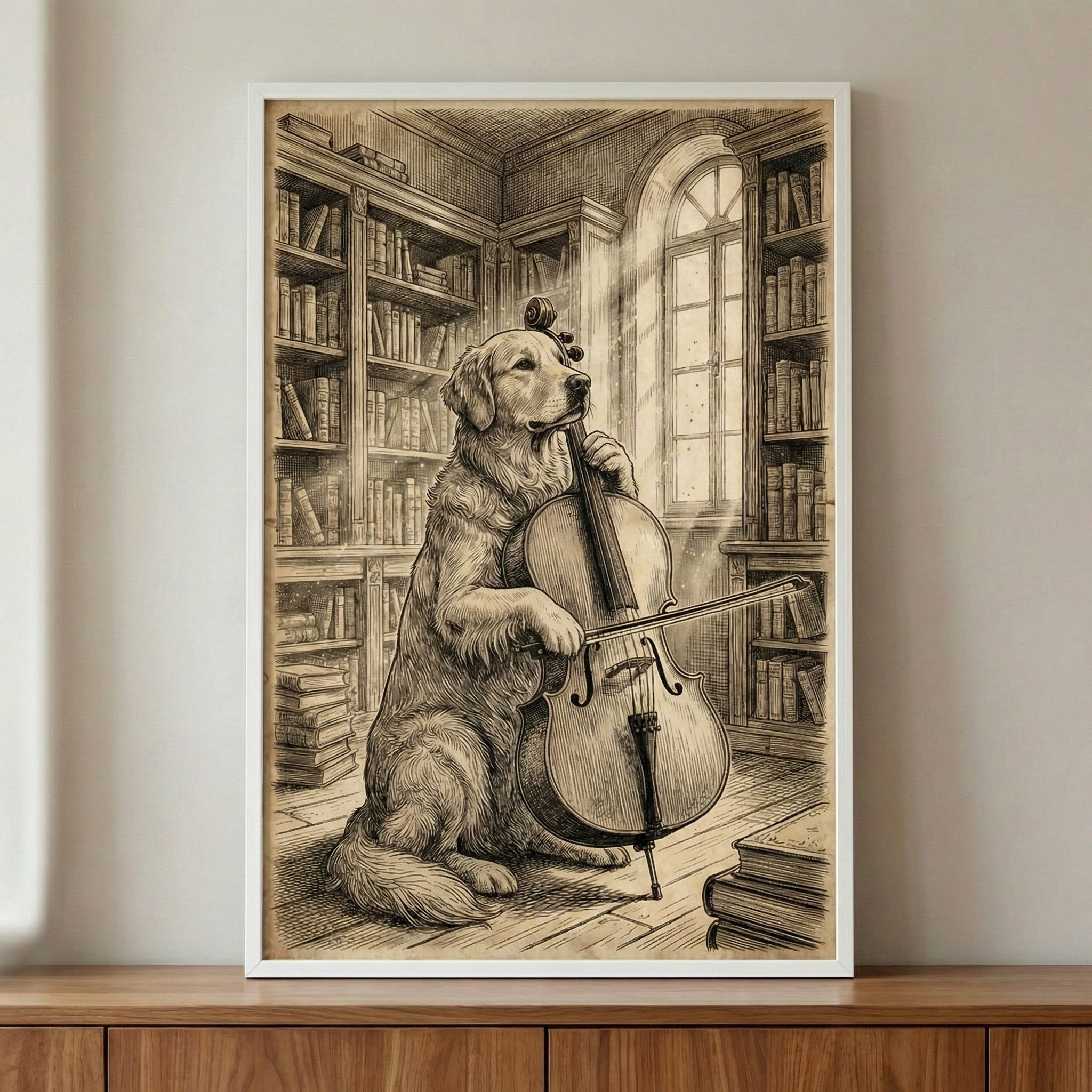 Golden Retriever Playing Cello Vintage Sepia Wall Art - The Scholar's Cello