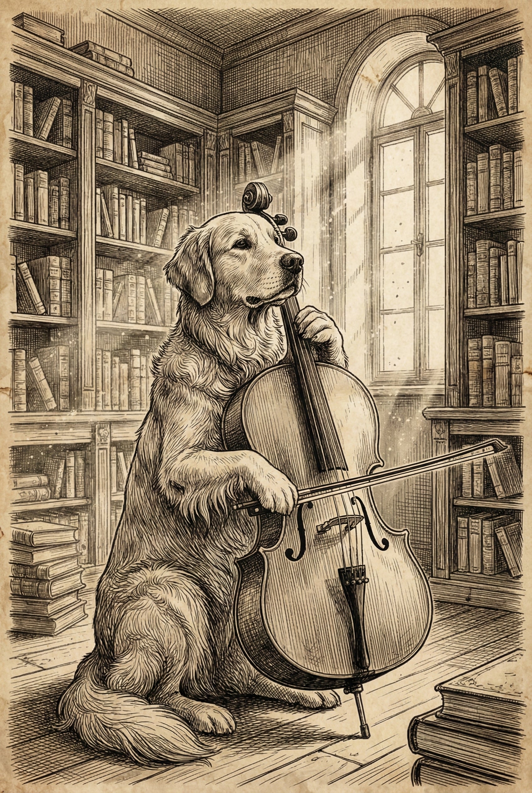 Golden Retriever Playing Cello Vintage Sepia Wall Art - The Scholar's Cello