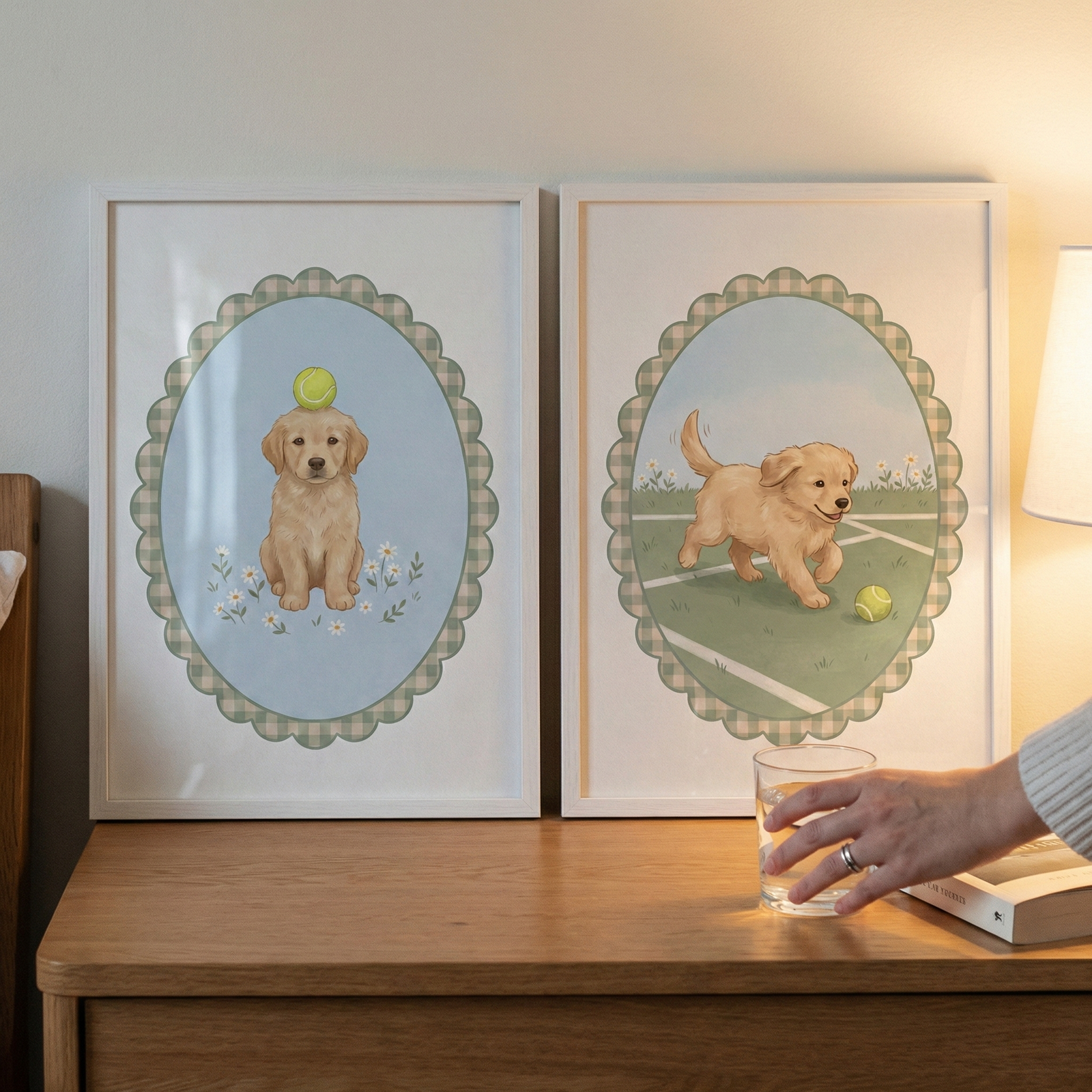 Two white-framed illustrations sit on a wooden surface in a softly lit room. Both feature a golden retriever puppy within an oval, scalloped, green-and-white checkered border. The left illustration shows the puppy sitting calmly with a tennis ball on its head against a light blue background. The right artwork depicts the puppy running across a green tennis court after a ball. On the right, a person's hand reaches for a glass of water resting on a book.
