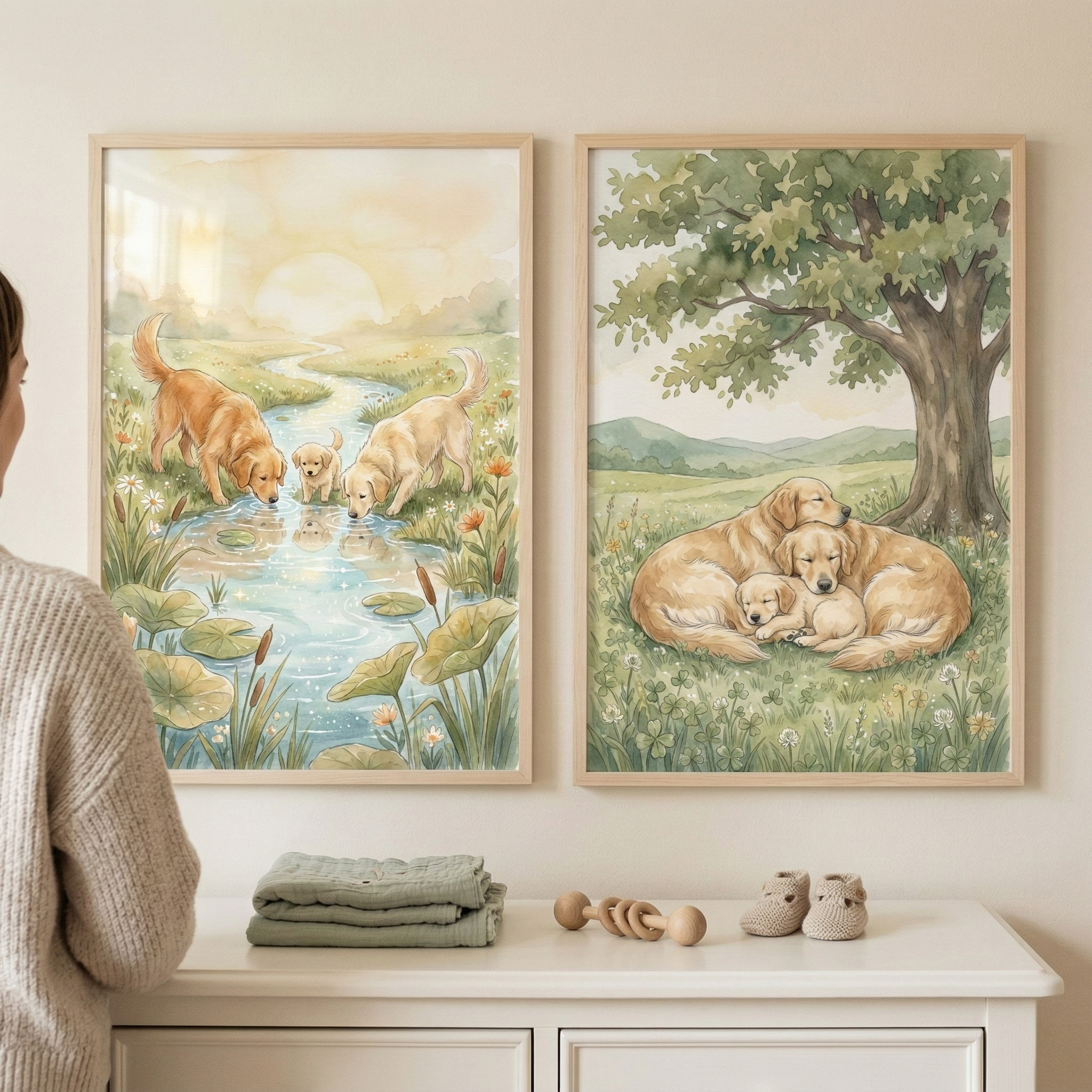 Watercolor Dog Family Wall Art Set of 2 - Golden Meadow Serenity