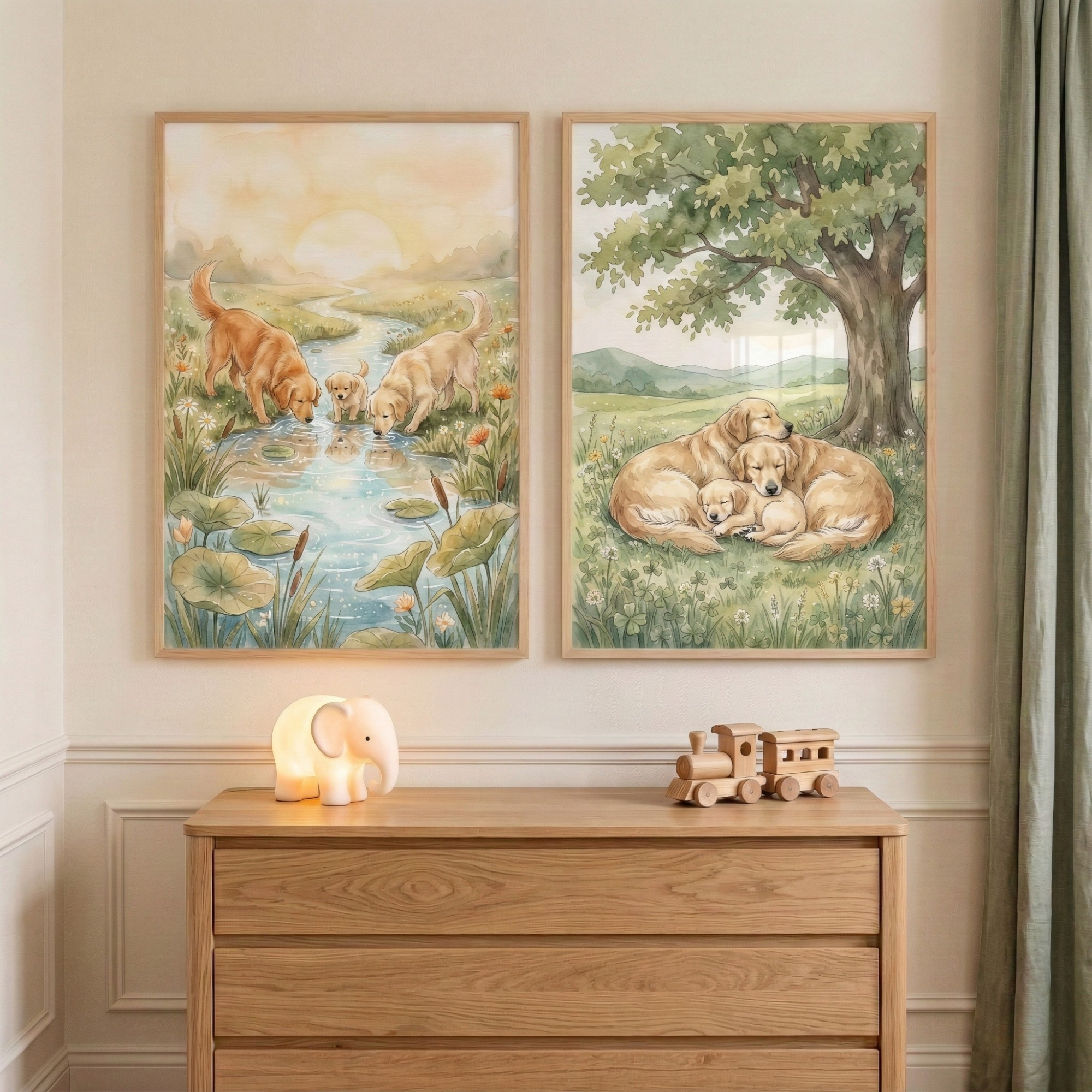Watercolor Dog Family Wall Art Set of 2 - Golden Meadow Serenity