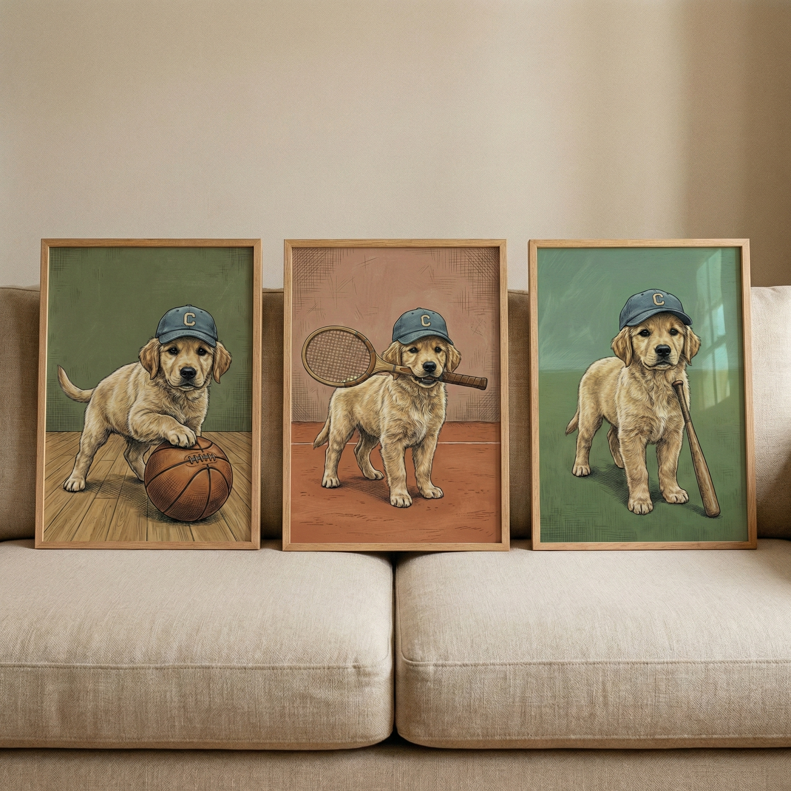 Three framed illustrations of golden retriever puppies lean against the back of a beige fabric sofa. Each puppy wears a blue baseball cap with a white letter "C". The leftmost artwork shows a puppy with its paw on a basketball. The center piece depicts a puppy holding a tennis racket in its mouth on a clay court. The rightmost image features a puppy standing beside a baseball bat. The background colors vary from green to red, and the style is textured and illustrative.