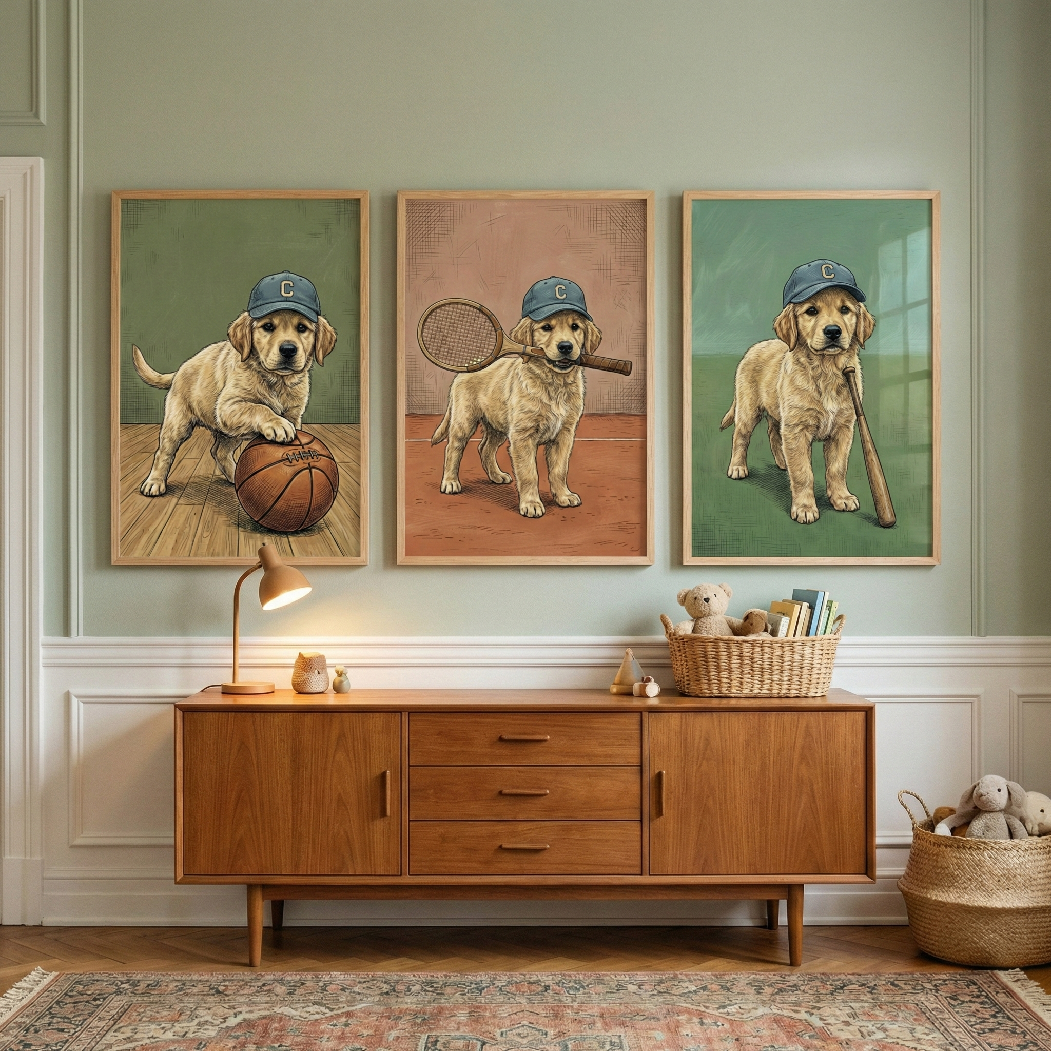 Golden Retriever Wall Art Set of 3 - Sporty Golden Pups