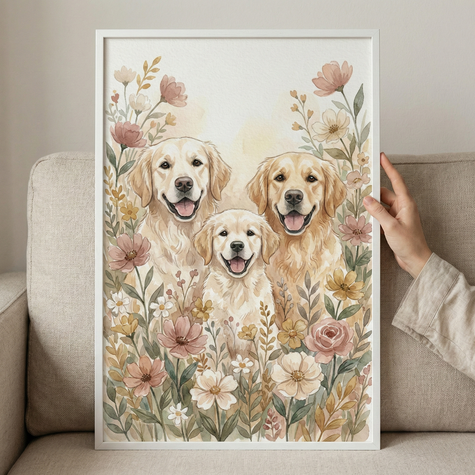 A vertical watercolor-style illustration featuring three happy dogs with golden fur, surrounded by a dense bed of soft-hued wildflowers. Two adult dogs stand on either side of a smaller puppy, all three looking forward with cheerful expressions. The floral surroundings consist of stylized blooms in muted tones of pink, yellow, and cream. The framed piece of art is held by a hand against a neutral-colored fabric couch.