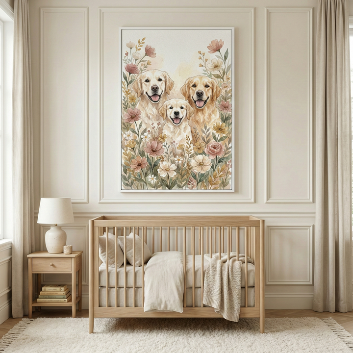 A cozy, neutrally-toned nursery features a light wood crib centered against a paneled wall. Above the crib hangs a large vertical piece of art showcasing three smiling golden retriever dogs nestled among soft, pastel-colored wildflowers. To the left, a matching wooden nightstand holds a simple cream-colored lamp and several books. Creamy curtains frame the scene, and a plush, textured white rug sits on the floor, creating a warm and peaceful environment.