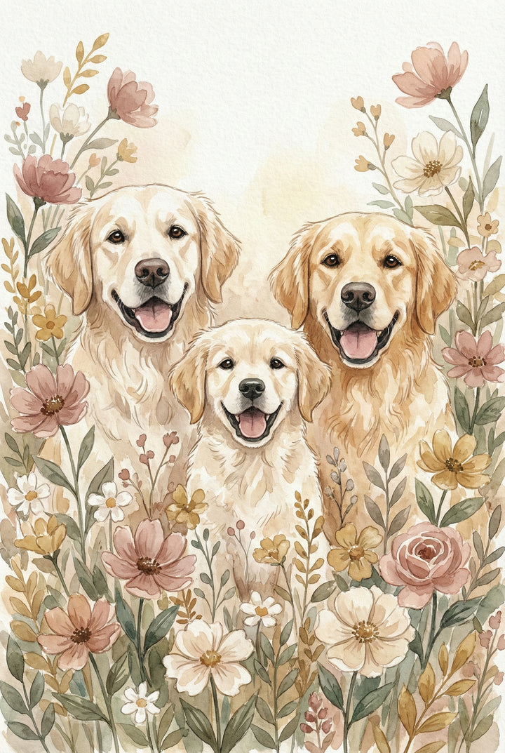 Golden retriever family portrait with two adults and a puppy sitting happily among blooming wildflowers. All three dogs are smiling, framed by soft pastel florals.
