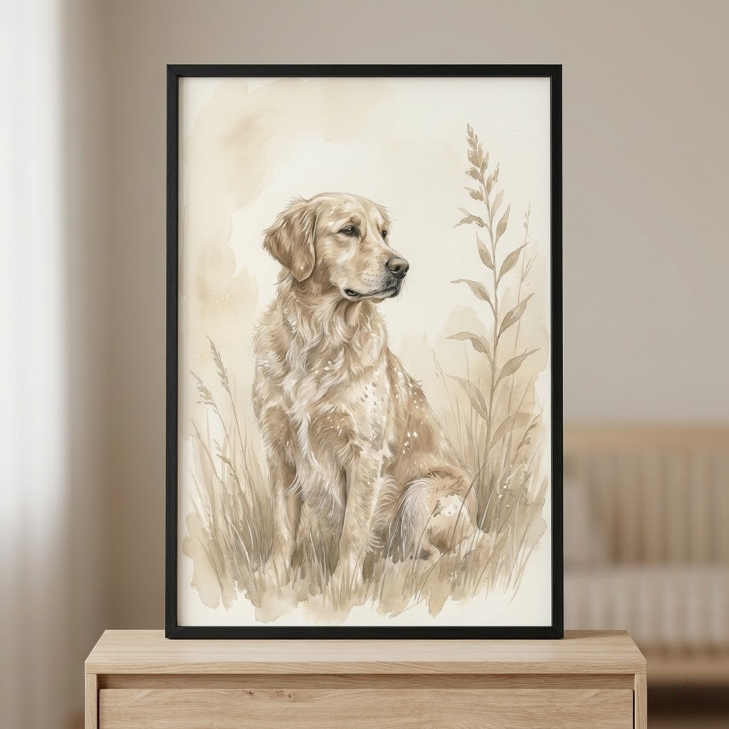 A soft watercolor illustration featuring a golden retriever dog sitting amidst tall, feathery grass. The dog’s coat is rendered in gentle shades of beige, tan, and cream with delicate white speckles on its back. It gazes calmly toward the side. The background is composed of subtle, layered washes in neutral earth tones. This artwork is displayed in a sleek black frame, which is set atop a light wood dresser in a bright, minimalist room.