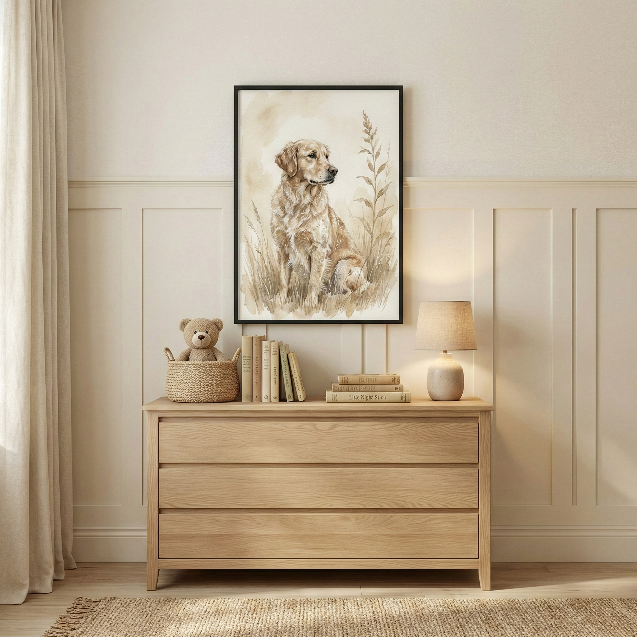 A serene, minimalist child's room or nursery features a light-toned wood chest of drawers with three wide drawers. Above the furniture, a large black-framed illustration of a golden retriever dog sitting in tall, dry grass is centered on the wall. The artwork is rendered in soft, muted tones of beige and sepia. 
