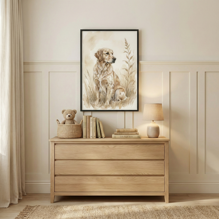 A serene, minimalist child's room or nursery features a light-toned wood chest of drawers with three wide drawers. Above the furniture, a large black-framed illustration of a golden retriever dog sitting in tall, dry grass is centered on the wall. The artwork is rendered in soft, muted tones of beige and sepia. 
