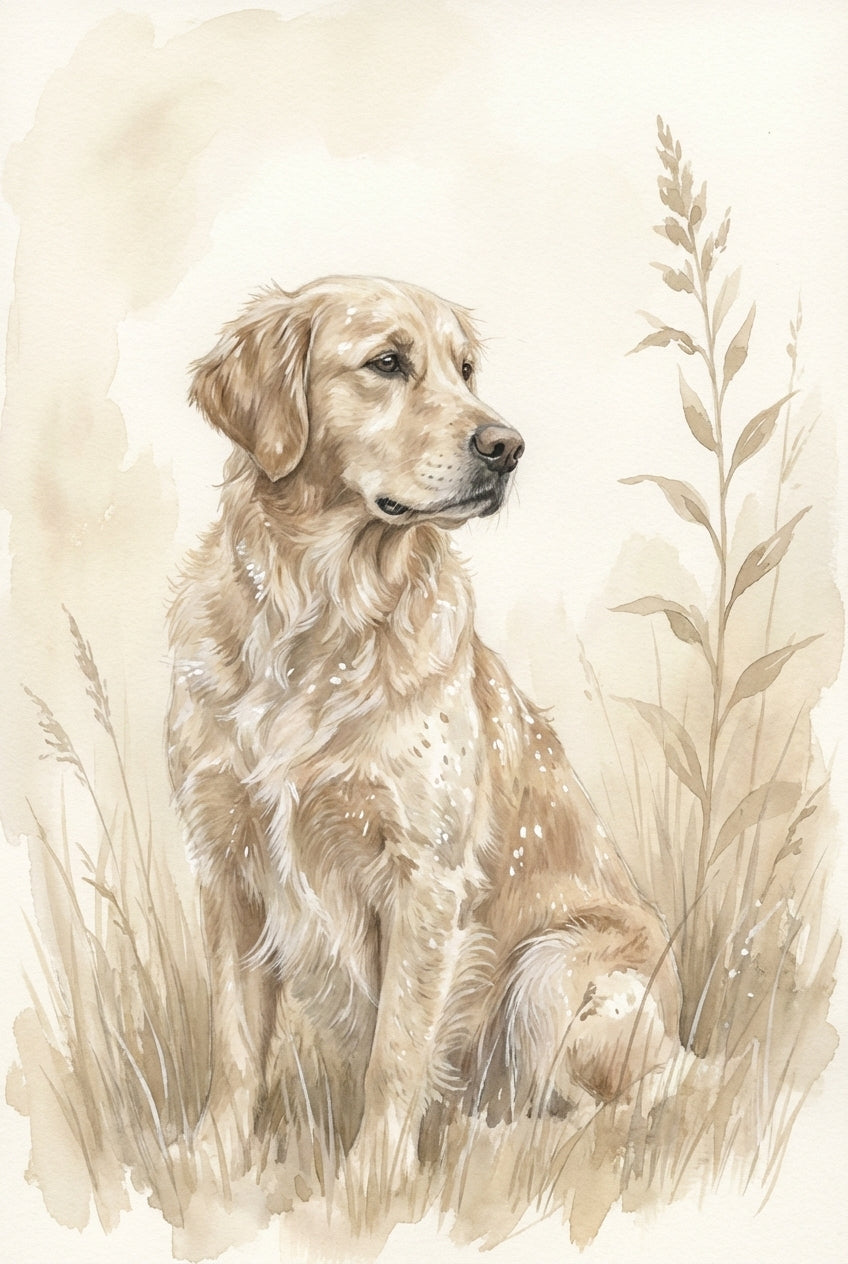 Soft neutral watercolor painting of a golden retriever sitting in tall meadow grass beside a slender leafy stem, illustrated in warm beige hues.
