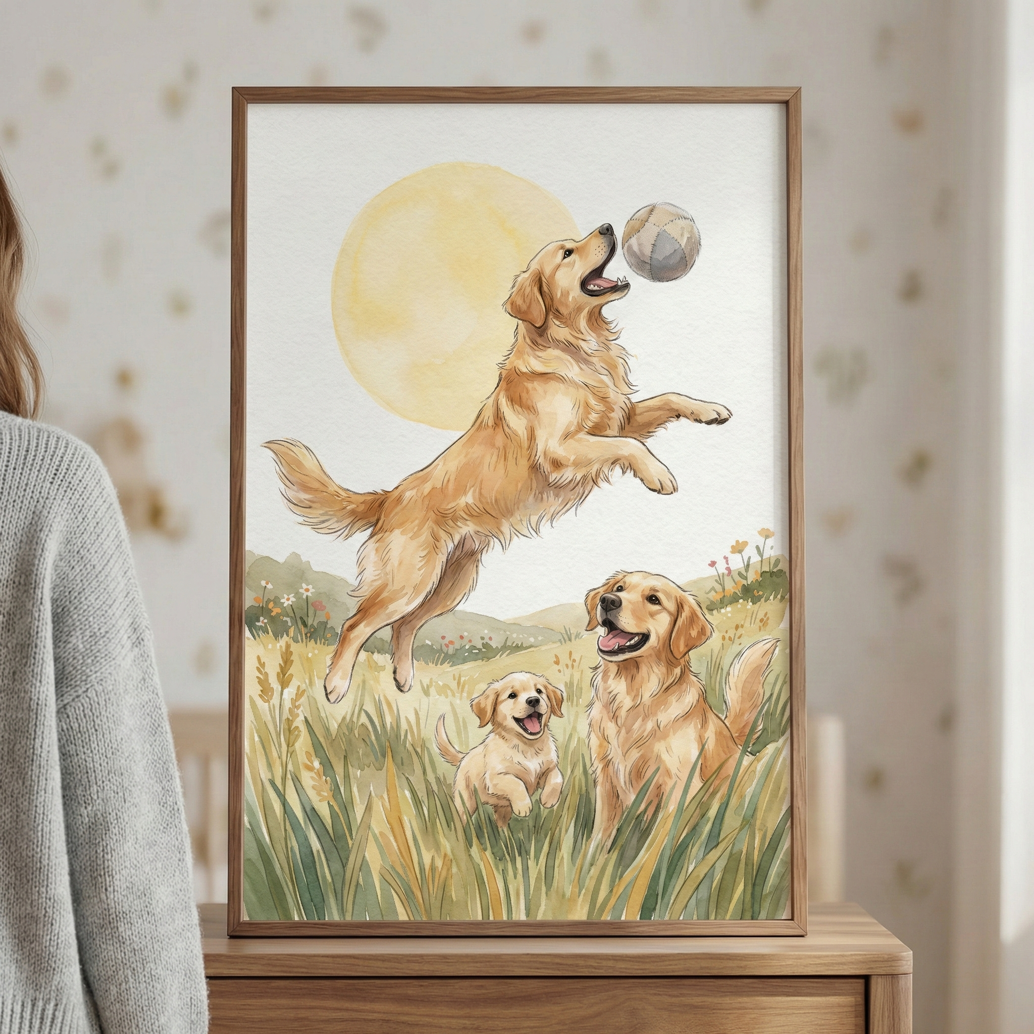 A framed vertical illustration sits on a wooden surface. The artwork depicts three golden-colored dogs in a grassy field under a large, pale sun. One dog jumps mid-air to catch a small ball, while an adult dog and a puppy sit below in tall grass and wildflowers. The style features soft, watercolor-like textures with warm, natural tones. The piece is housed in a simple light-wood frame and displayed in a room where part of a person's shoulder and hair are visible to the left.