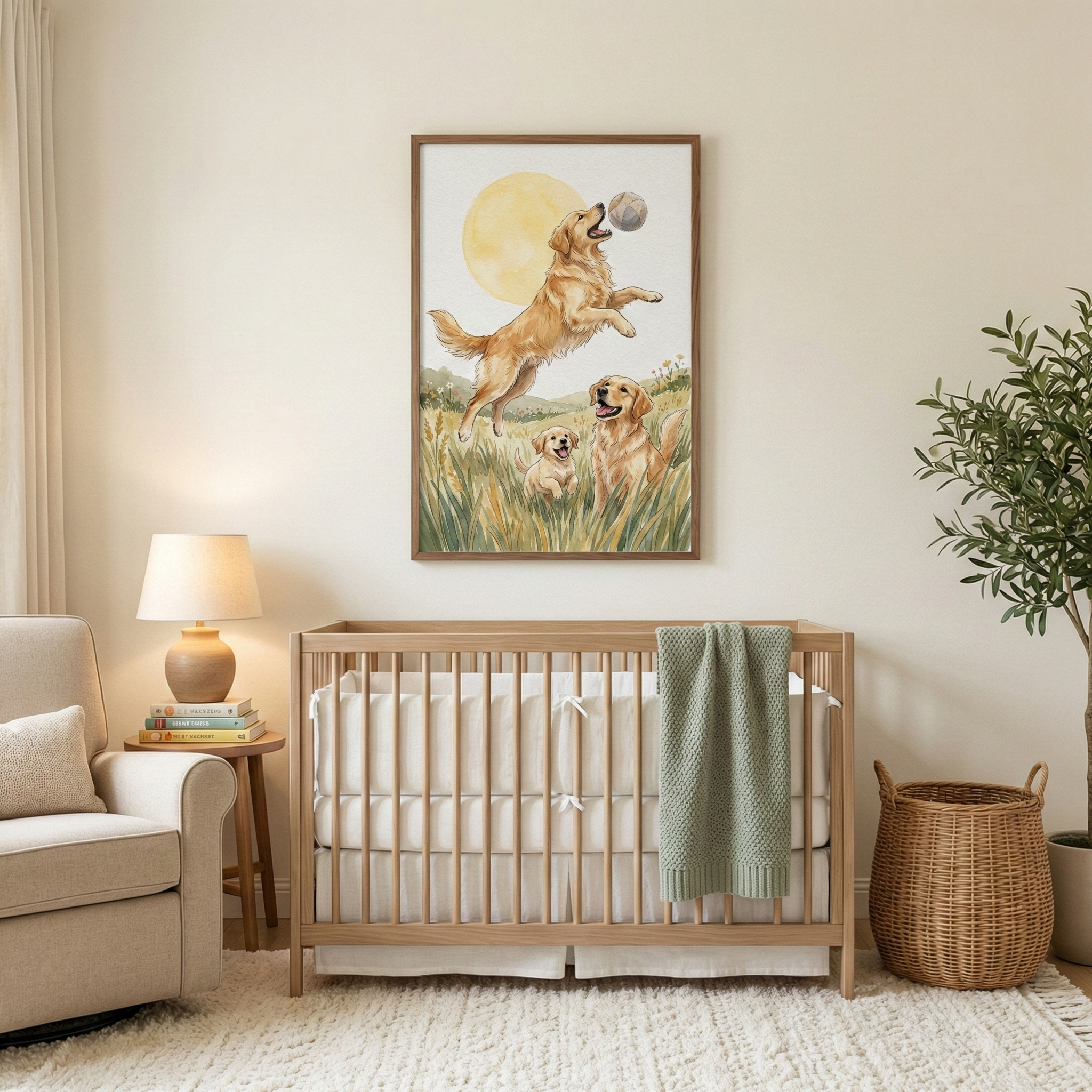 A serene and cozy nursery room decorated in warm neutral tones. In the center is a light-colored wooden crib with white bedding and a textured sage green blanket draped over its rail. Above the crib hangs a large framed piece of art depicting three golden-colored dogs in a grassy field; one dog is leaping into the air towards a ball under a large yellow sun. To the left of the crib, a comfortable cream-colored armchair sits beside a small wooden side table holding a warm lamp and a few books. 