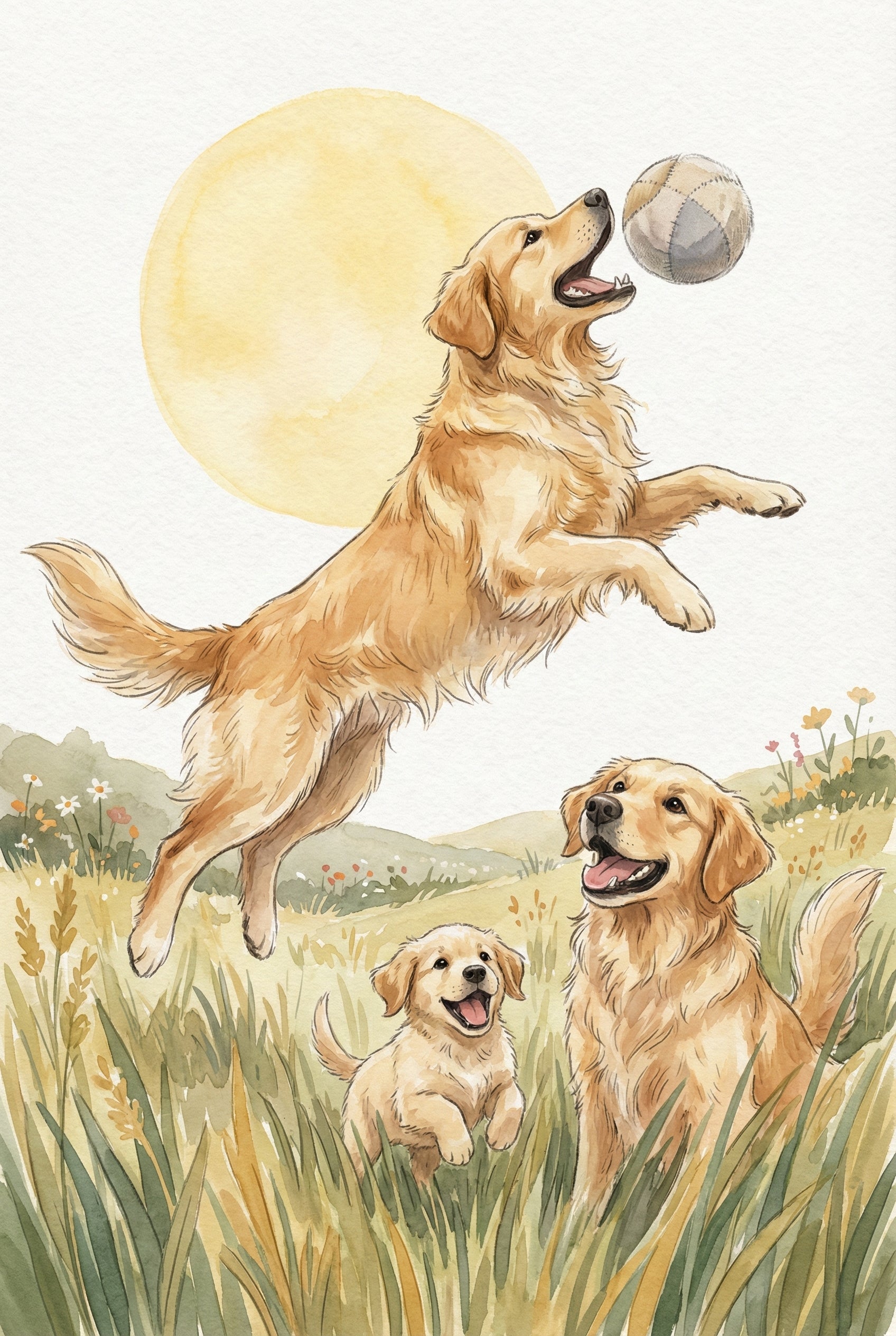 One golden retriever leaps into the air to catch a ball as a puppy and another adult dog cheerfully watch. The dogs play in tall grass against a backdrop of soft hills and a golden sun.

